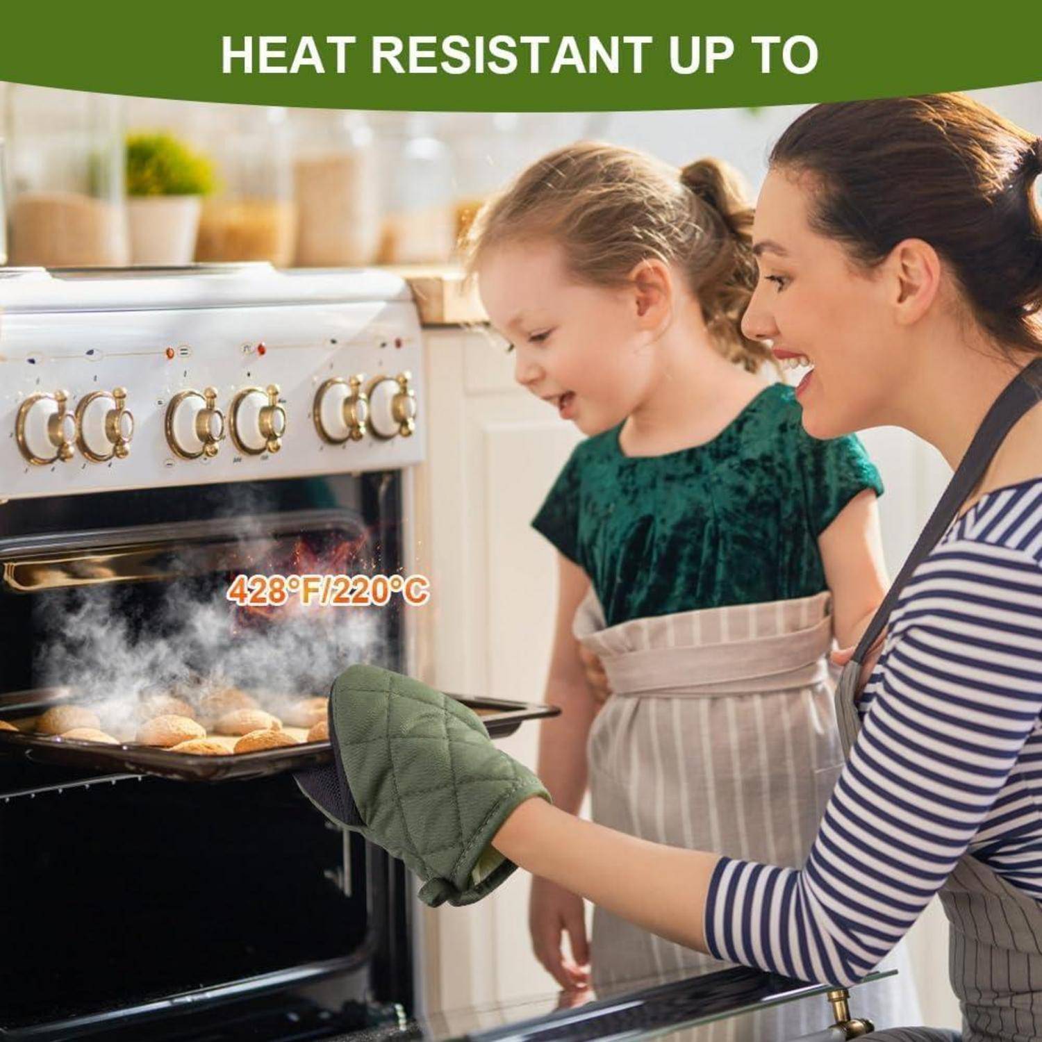 AUAUY 1 Paar Ofenhandschuhe, Topflappen Handschuh, Hitzebeständige Küchen Ofenhandschuhe für 220°C/428°F, Baumwolle rutschfeste Griffflächen und