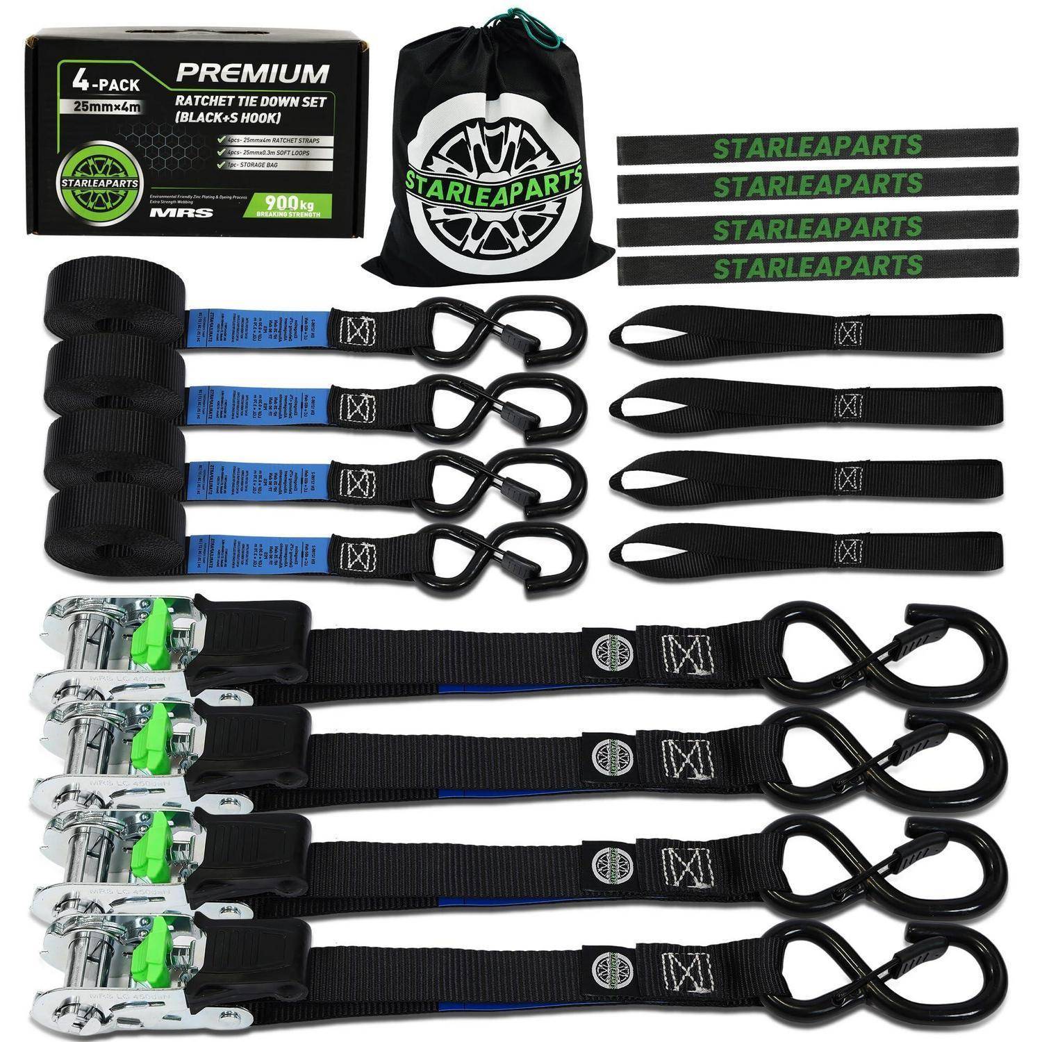 Produktbild eines 4er-Pack Starleaparts Ratschenspaners mit schwarzen Gurten, Haken, Schnallen, einer Aufbewahrungstasche und Verpackung mit der Bezeichnung „4-PACK