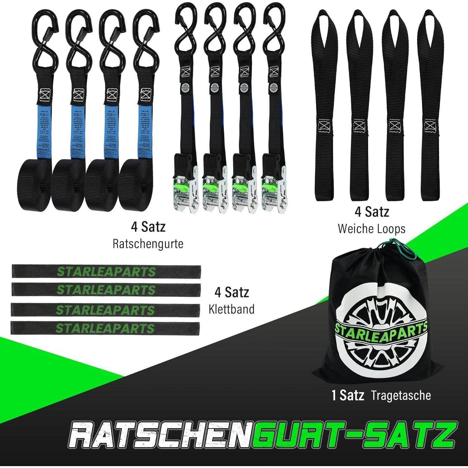 Produktcollage aus Ratschengurt-Set, Weichschlaufen, Klettverschlussriemen und Tragetasche, gekennzeichnet mit „4 Satz Ratschengurte
