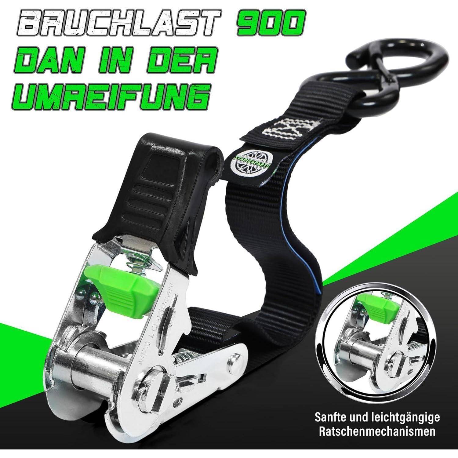 Produktbild eines BAUCHLAST 900 Spanngurts mit Metallschnalle und schwarzem Gurtband, mit der Bezeichnung 'GAN IN DER UMGEBUNG', das einen reibungslosen Ratschenmechanismus hervorhebt.