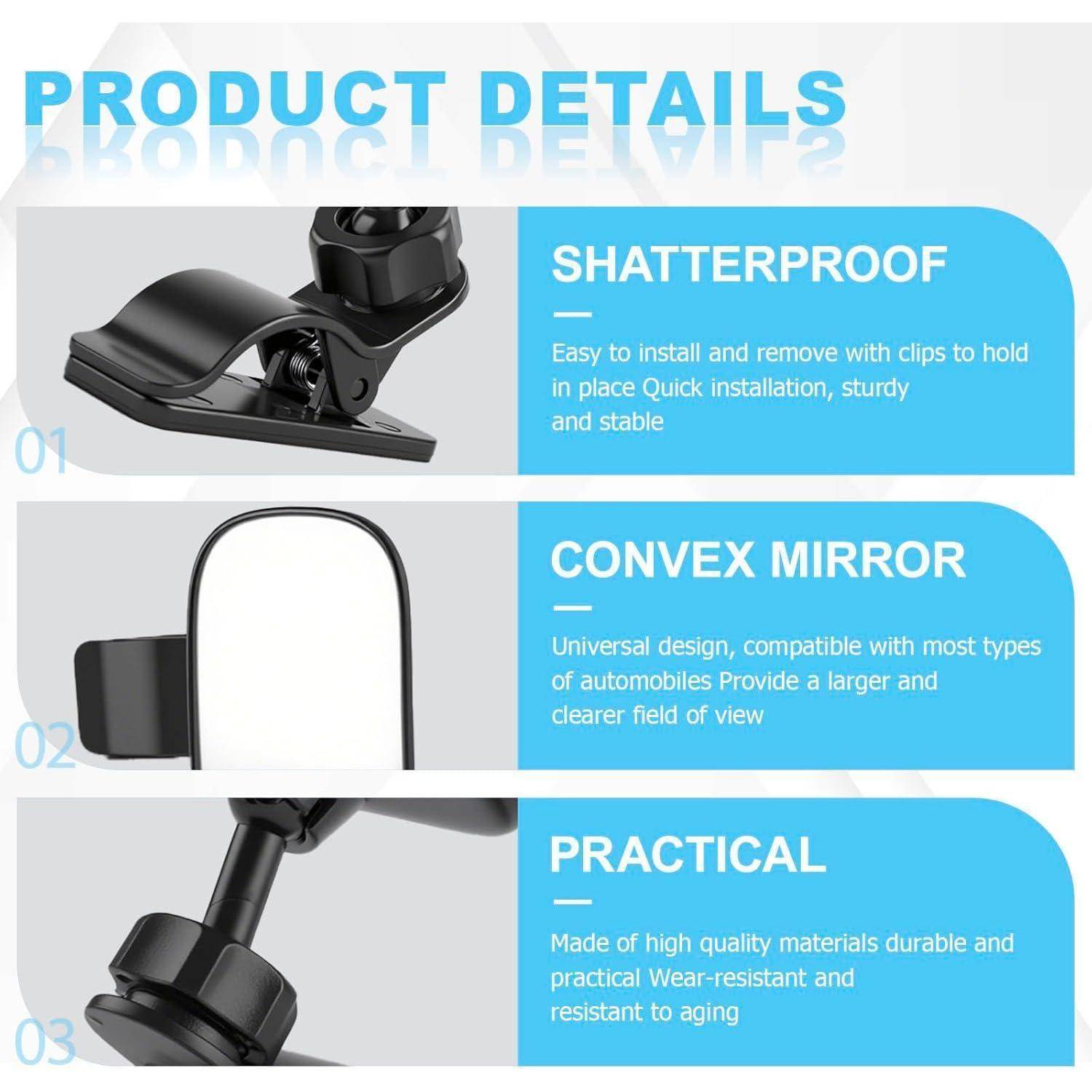 Produktdetails-Infografik mit drei Funktionen: bruchsicherer Clip-Halterung, konvexer Spiegel für breiteres Sichtfeld und langlebige praktische Materialien.