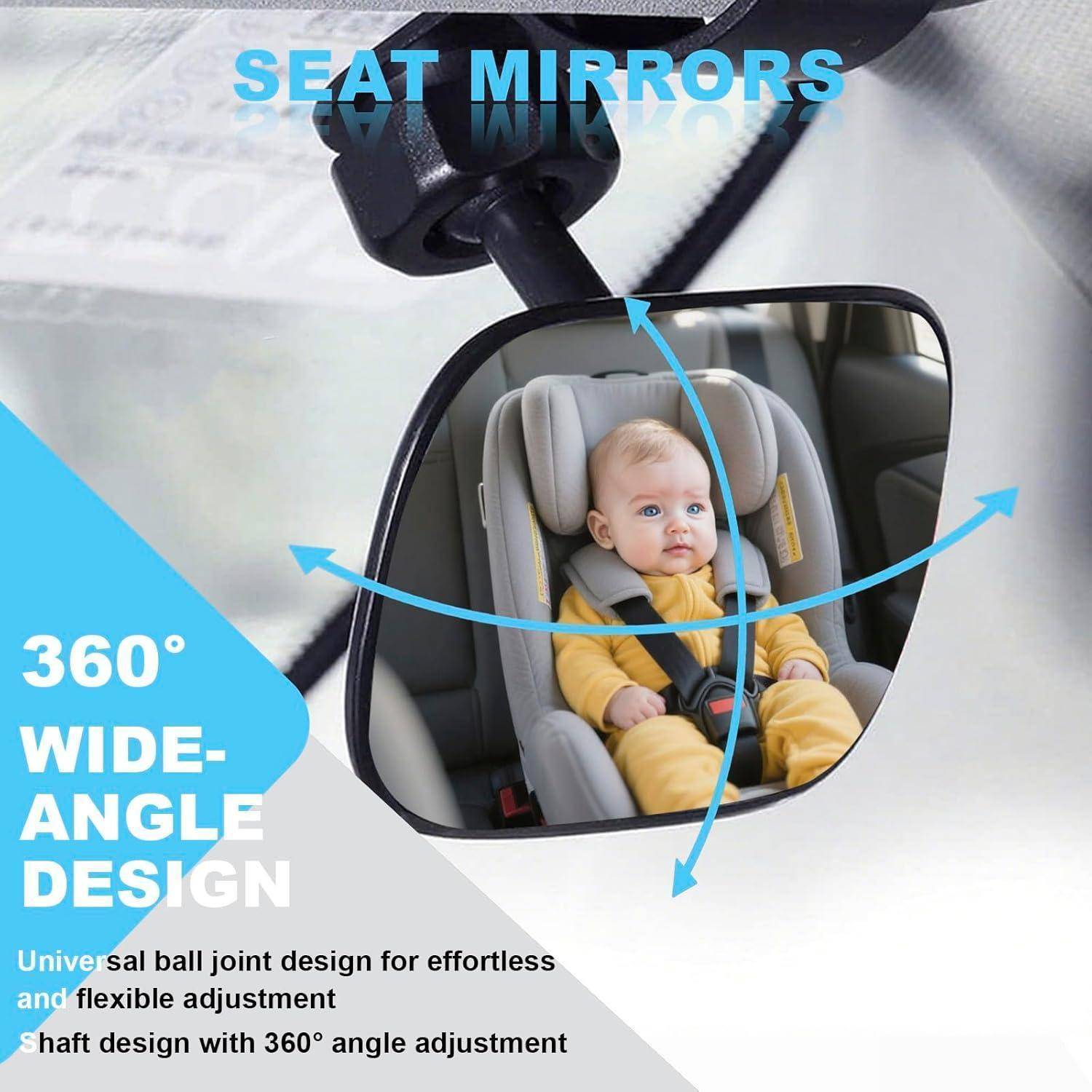 Werbegrafik eines Autositzspiegels, der ein Baby in einem rückwärts gerichteten Kindersitz zeigt, mit dem Text „SEATMIRRORS