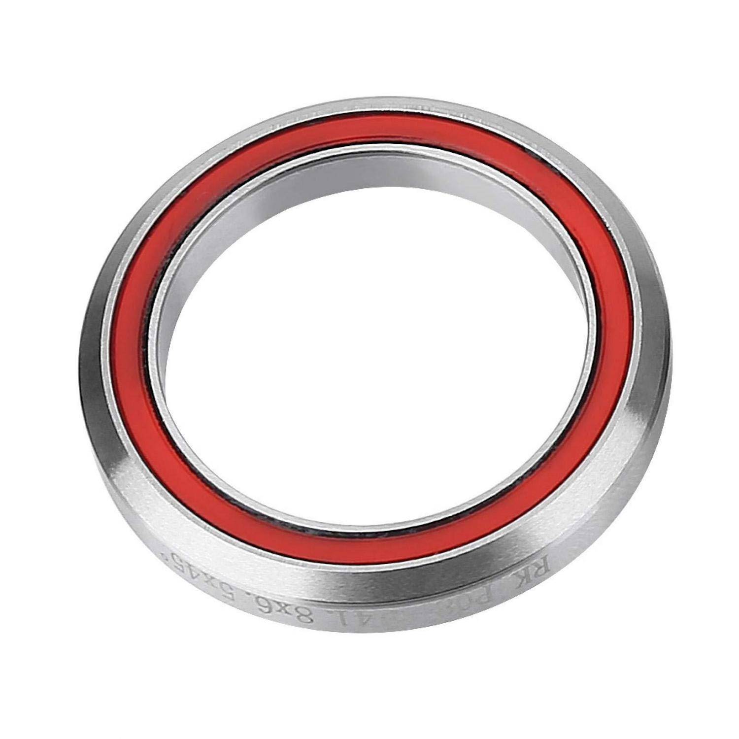 Eine einzelne Metallkugellager mit rotem inneren Dichtungsring, dargestellt vor weißem Hintergrund.