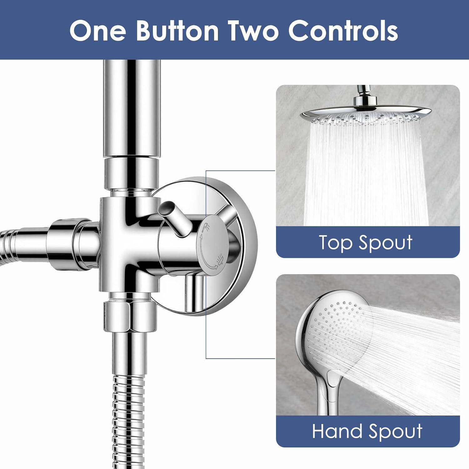 Chromduschventil mit Hebel-Schalter beschriftet mit „One Button Two Controls