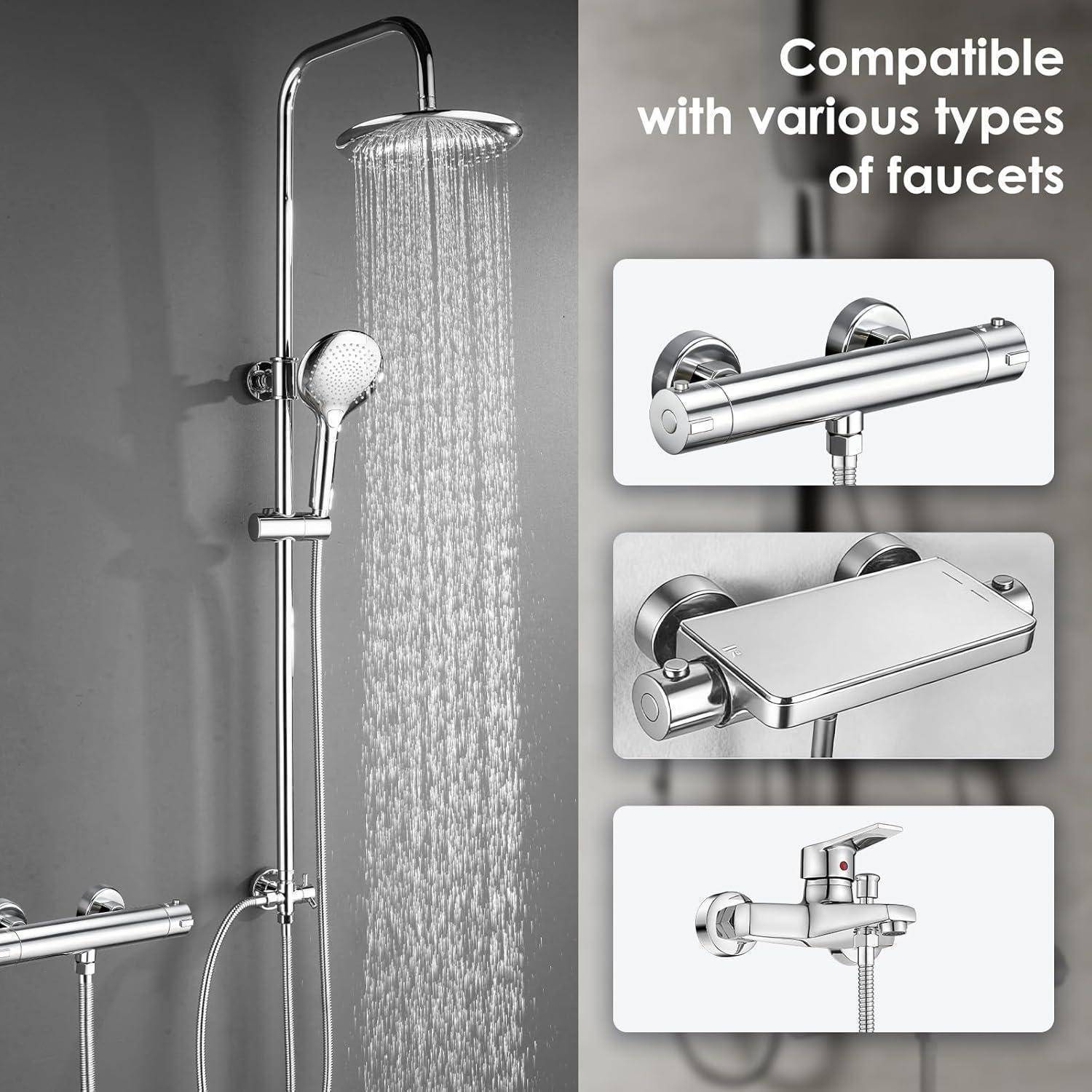 Duscharanlage mit Regenduschkopf und tragbarem Handbrausekopf, plus Text „Kompatibel mit verschiedenen Arten von Armaturen