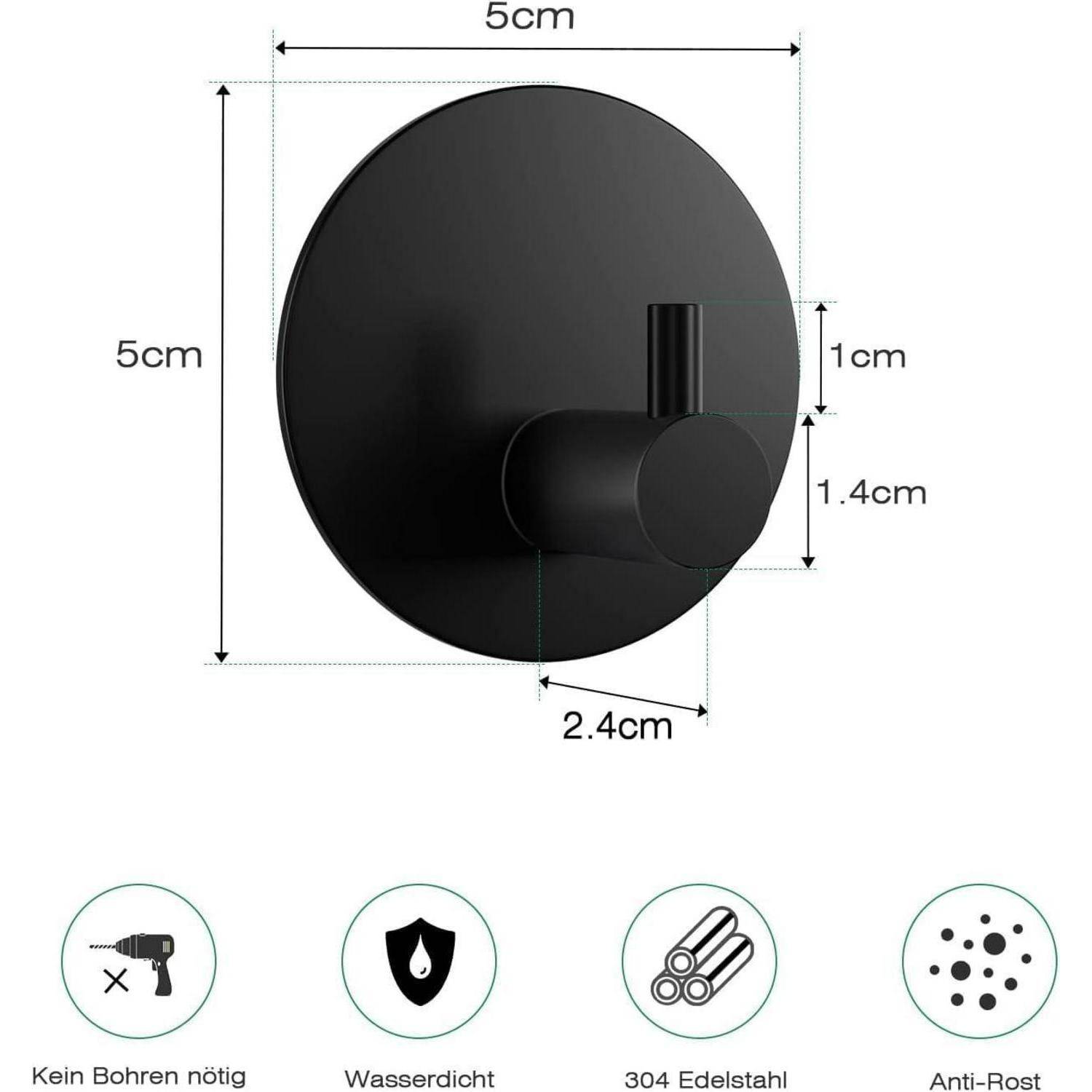 Schwarze runde Wandaufhängungshaken-Basis mit vorstehendem Zapfen, Abmessungen beschriftet 5cm, 2,4cm, 1,4cm, 1cm; Symbole zeigen bohrerlos, wasserdicht, 304 Edelstahl, rostfrei.