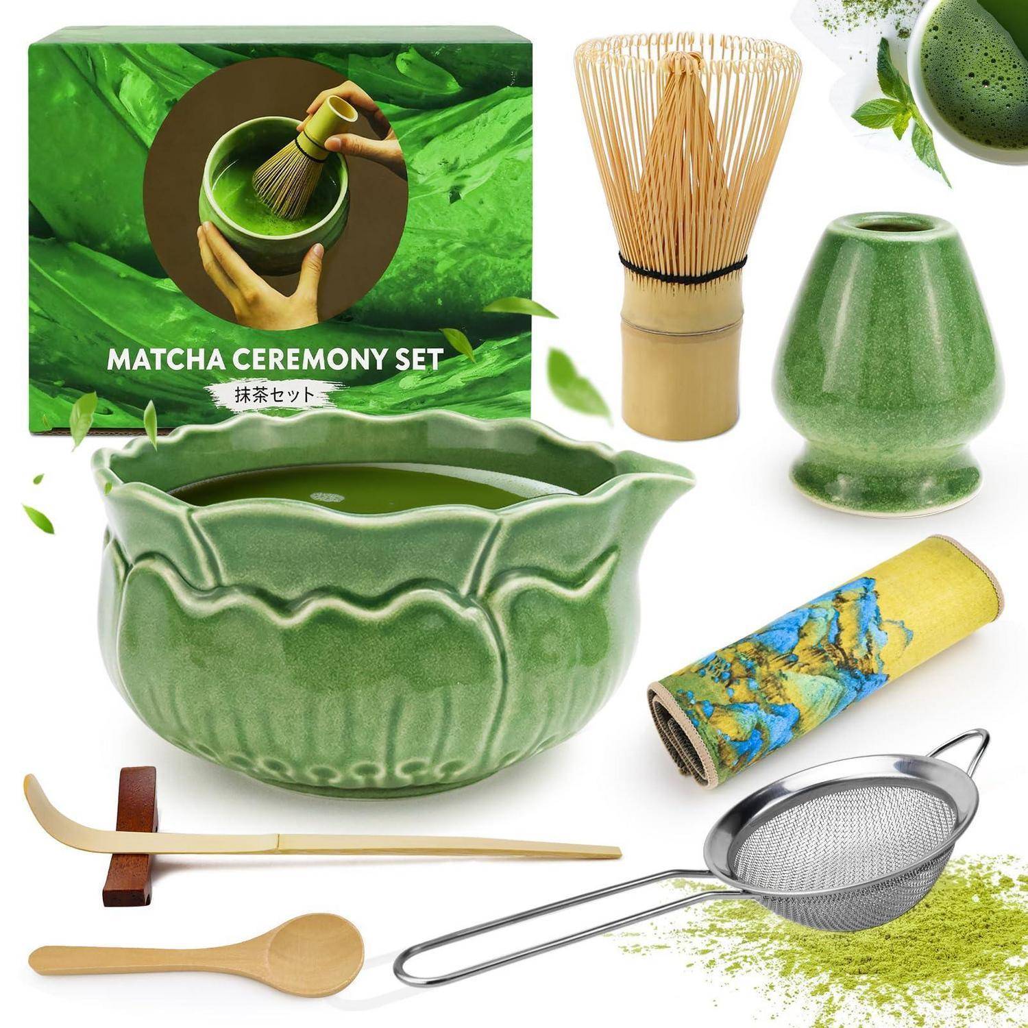 Raxfekro 8-Teiliges Matcha Set, Matcha Besen, Matcha-Schneebesen, Matcha Löffel, Matcha Schüssel mit Auslauf, Matcha Whisk, Sieblöffel aus Edelstah