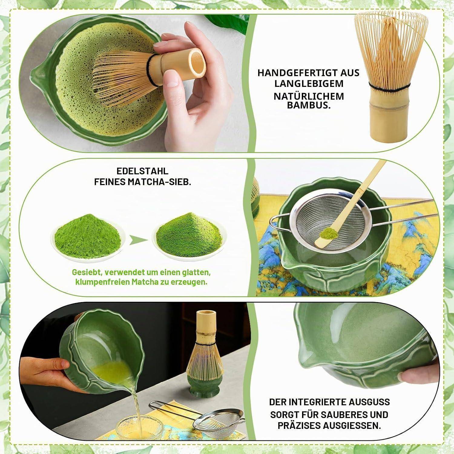 Raxfekro 8-Teiliges Matcha Set, Matcha Besen, Matcha-Schneebesen, Matcha Löffel, Matcha Schüssel mit Auslauf, Matcha Whisk, Sieblöffel aus Edelstah