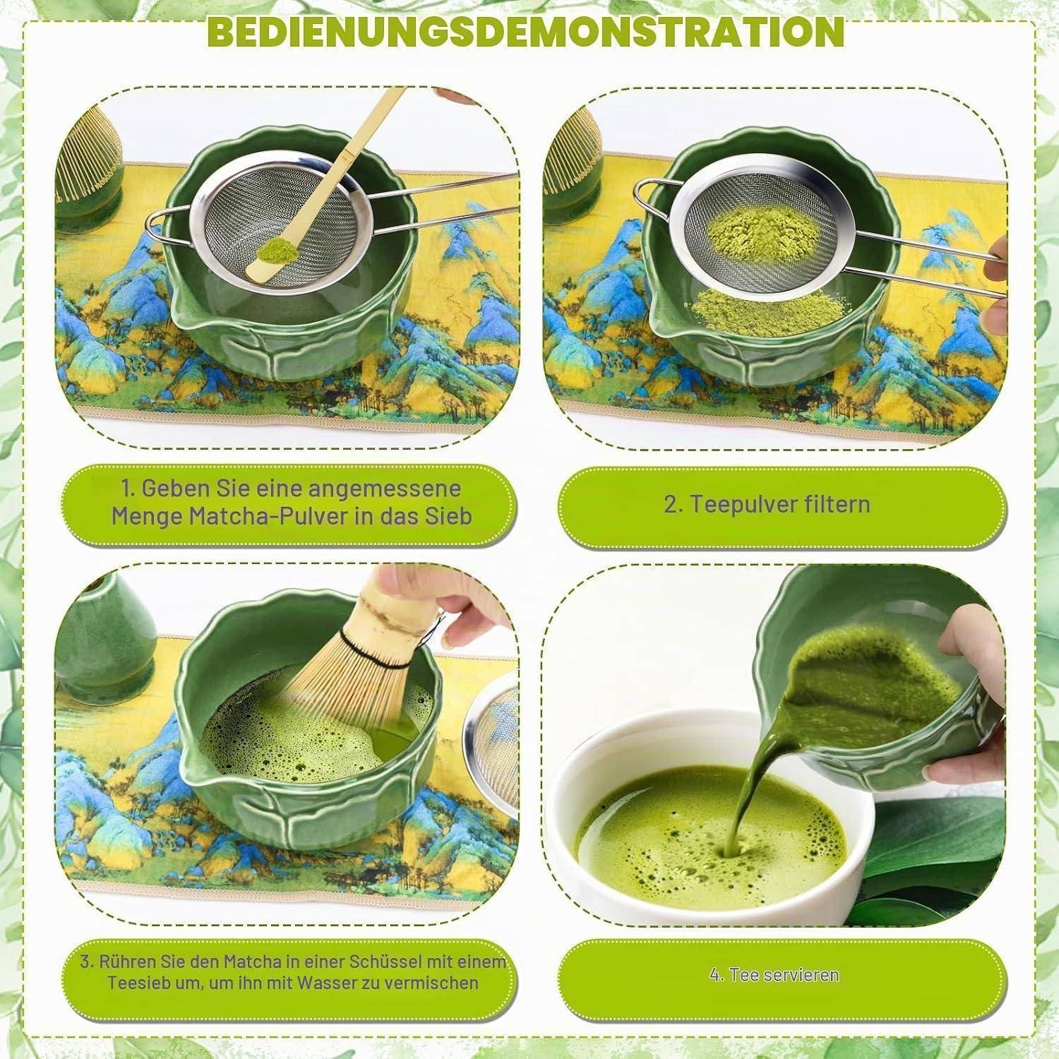 Raxfekro 8-Teiliges Matcha Set, Matcha Besen, Matcha-Schneebesen, Matcha Löffel, Matcha Schüssel mit Auslauf, Matcha Whisk, Sieblöffel aus Edelstah