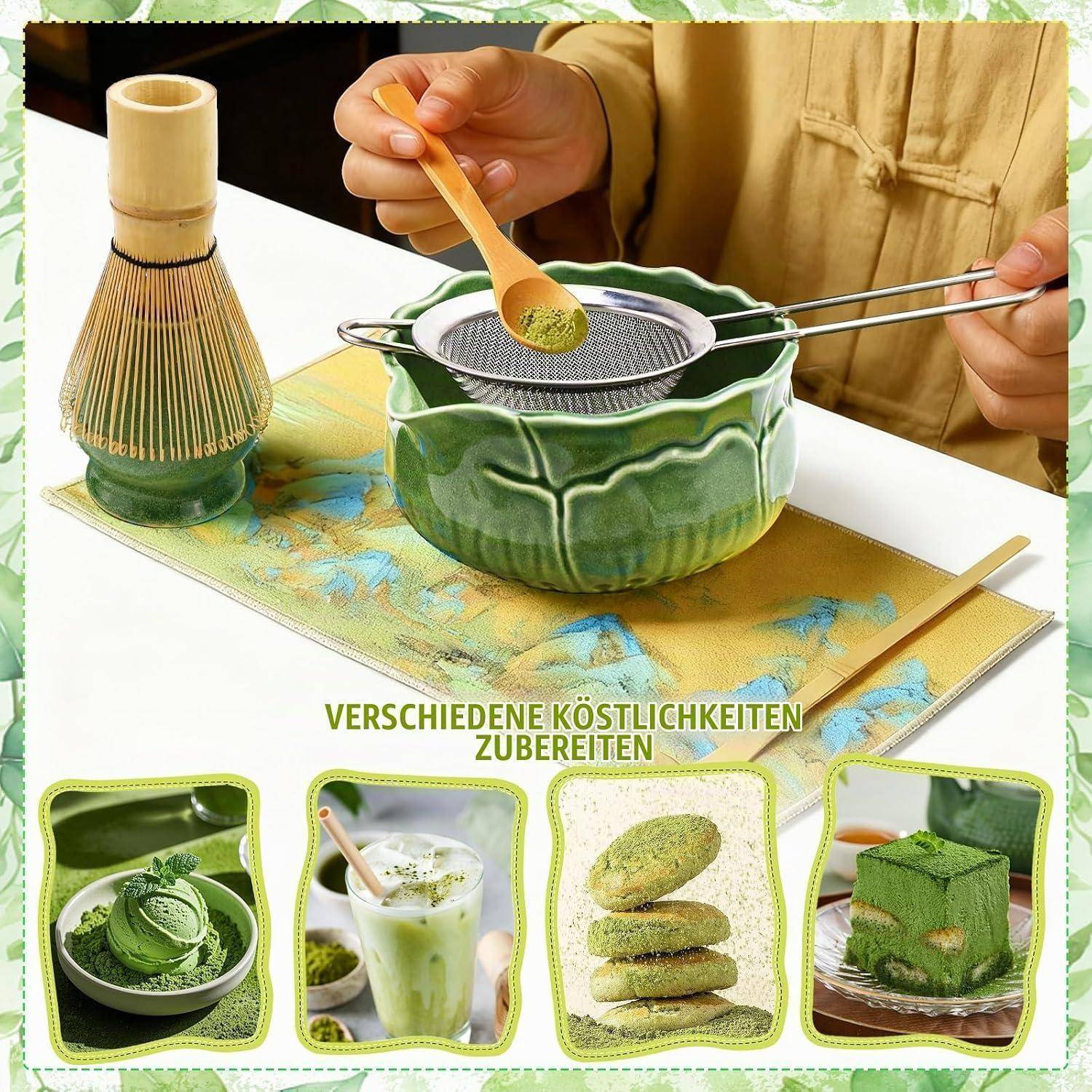 Raxfekro 8-Teiliges Matcha Set, Matcha Besen, Matcha-Schneebesen, Matcha Löffel, Matcha Schüssel mit Auslauf, Matcha Whisk, Sieblöffel aus Edelstah