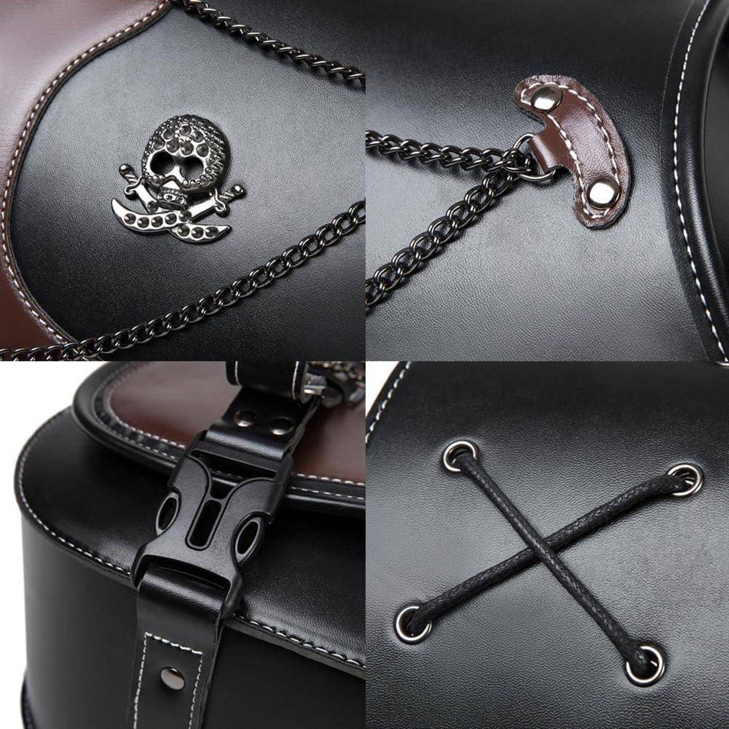 Collage einer schwarzen Ledertasche mit Totenschädel-Emblem, Kettengurt, Schnallenverschluss und Kreuzschnurmuster auf der vorderen Tasche.