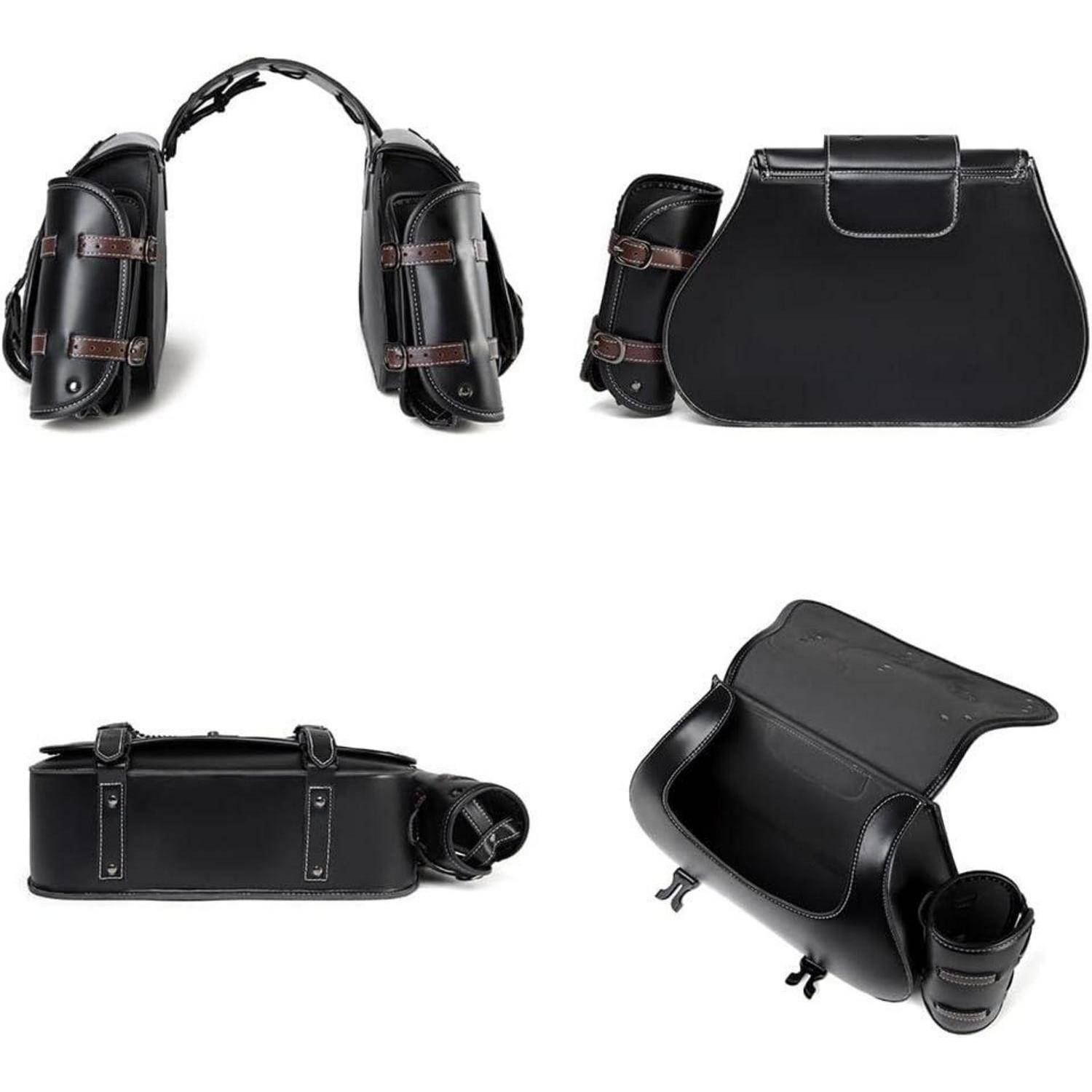 Schwarze Ledermotorradsatteltasche aus mehreren Blickwinkeln dargestellt, einschließlich geschlossener, offener, Seiten- und Rückansichten, mit Riemen und Befestigungshardware.
