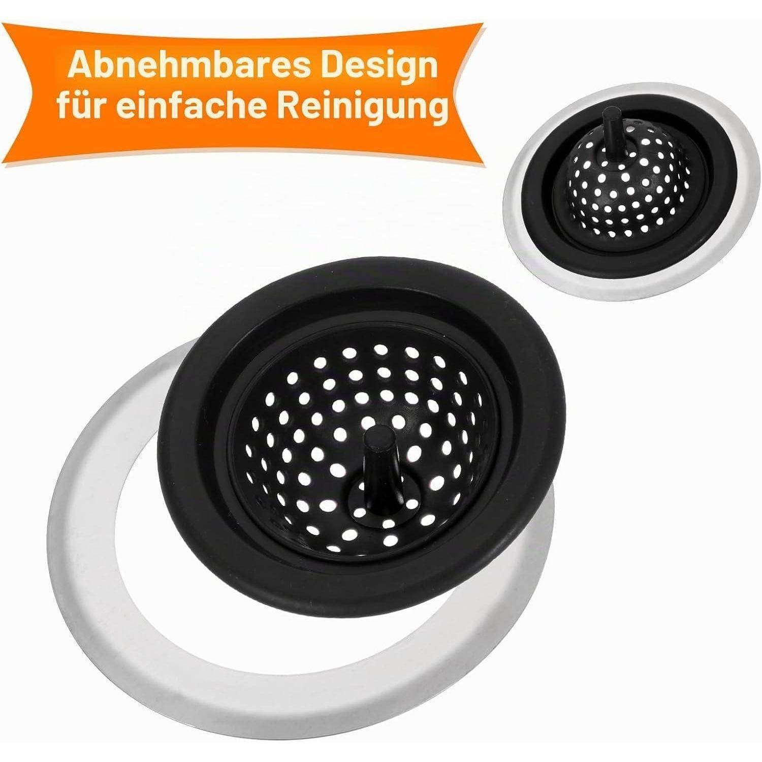 Abnehmbarer Spülensieb mit perforierten Korb und Zuglasche; deutscher Text besagt „abnehmbares Design für einfache Reinigung