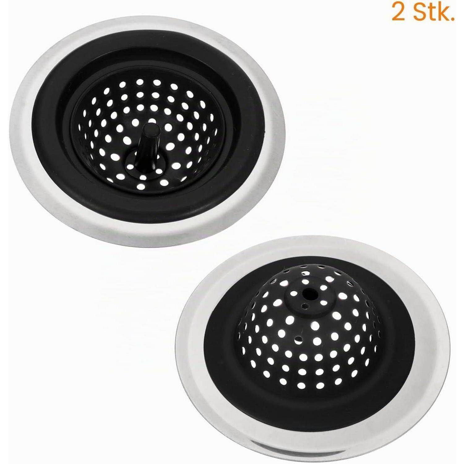 Zwei Edelstahl-Spülensiebe mit perforierten schwarzen Einsätzen, dargestellt als ein Set aus 2 Stück.