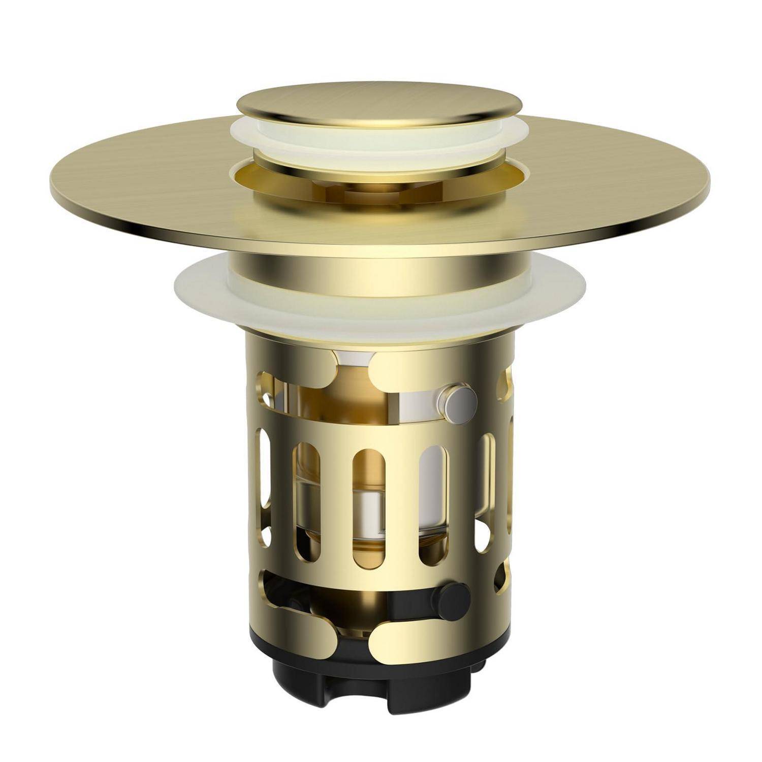Goldfarbenes mechanisches Ventil oder Ablassvorrichtung mit breitem kreisförmigem Flansch und geschlitztem zylindrischem Körper auf weißem Hintergrund