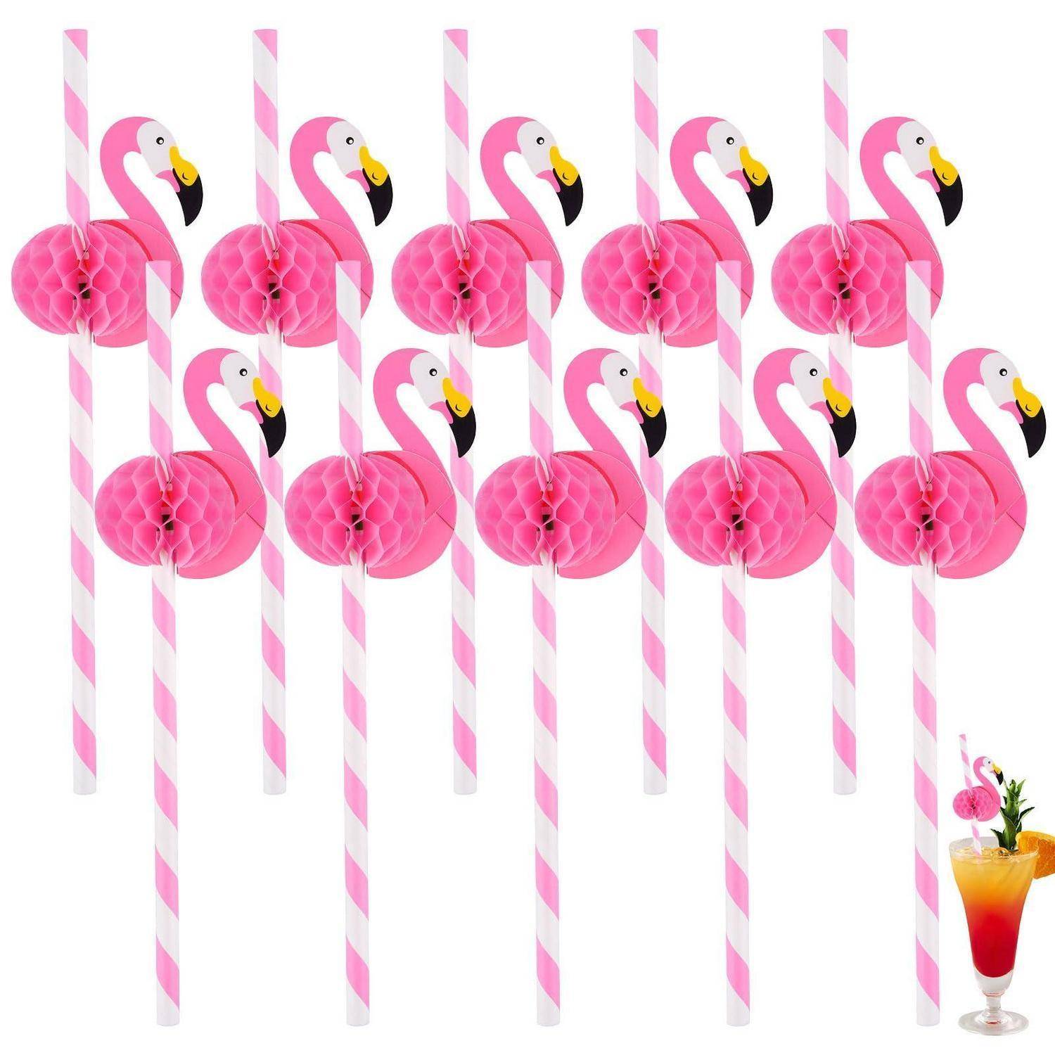 50 Stk Strohhalme Papier, 20 cm Rosa Vogel Papierstrohhalme, Lustige Hawaii Tropisch Trinkhalme Papier für Kinder Flamingo Sommerparty Getränkedekor
