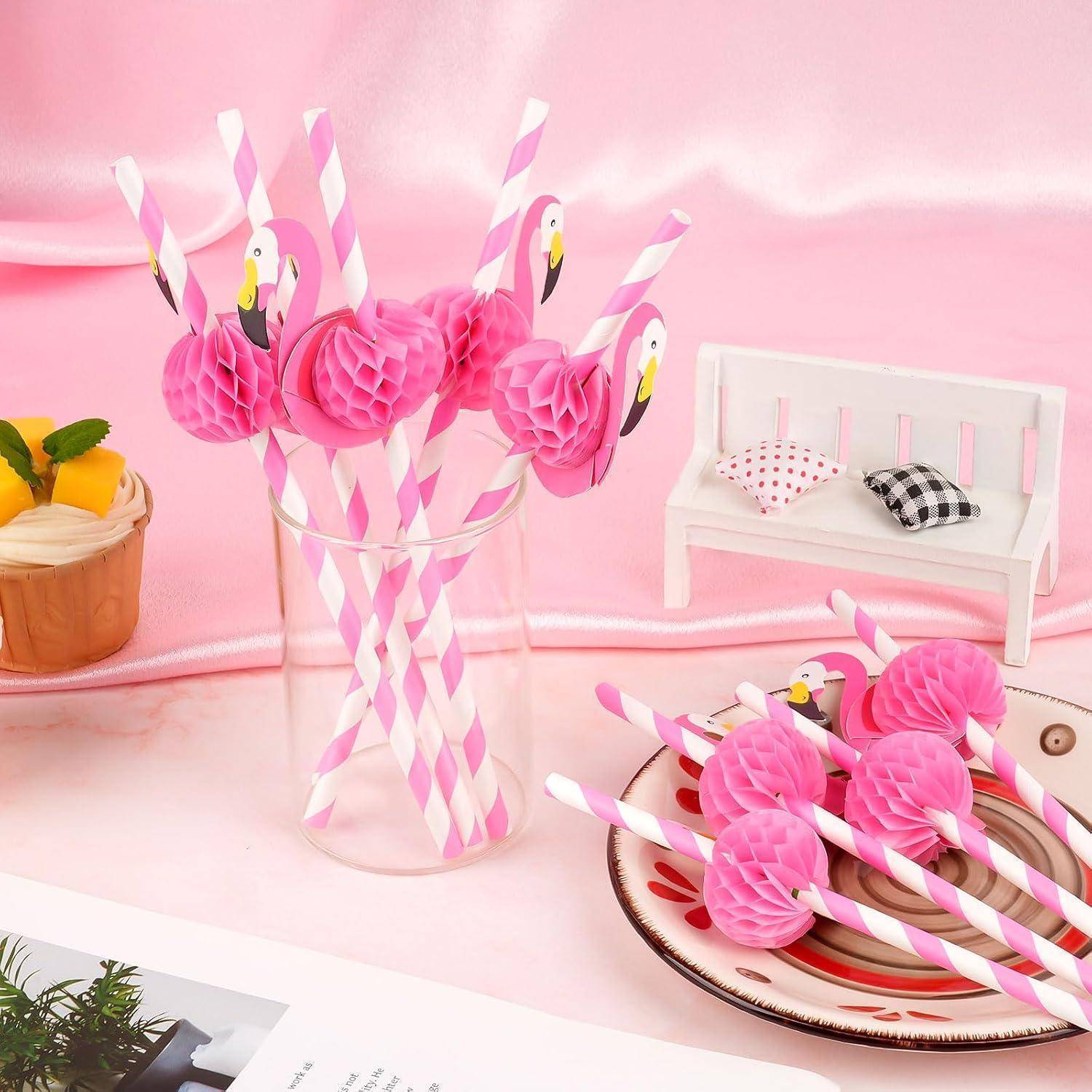 50 Stk Strohhalme Papier, 20 cm Rosa Vogel Papierstrohhalme, Lustige Hawaii Tropisch Trinkhalme Papier für Kinder Flamingo Sommerparty Getränkedekor