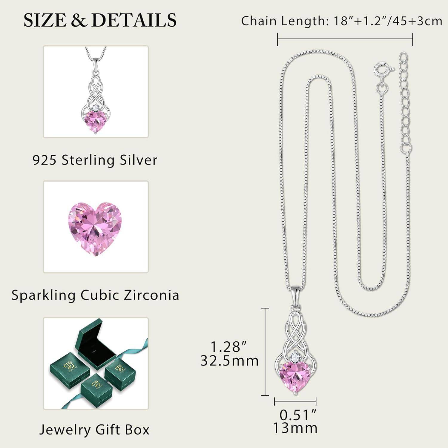 Produktgröße und Details für eine Halskette mit Herzanhänger aus Sterling-Silber mit rosa Zirkonia, gezeigt mit Kettenlänge 18