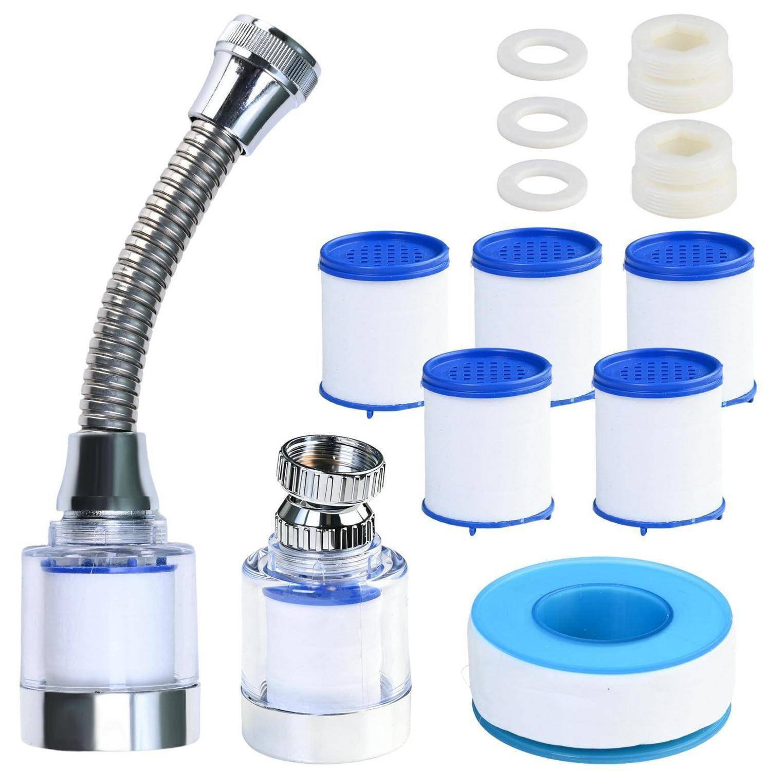 Satz von Wasserhahn-Strahlregler-Filterbauteilen und Ersatzpatronen, einschließlich eines flexiblen Chromschlauchs, blau-weiße Filterkappen, Ringe und Patronen im Behälterstil.