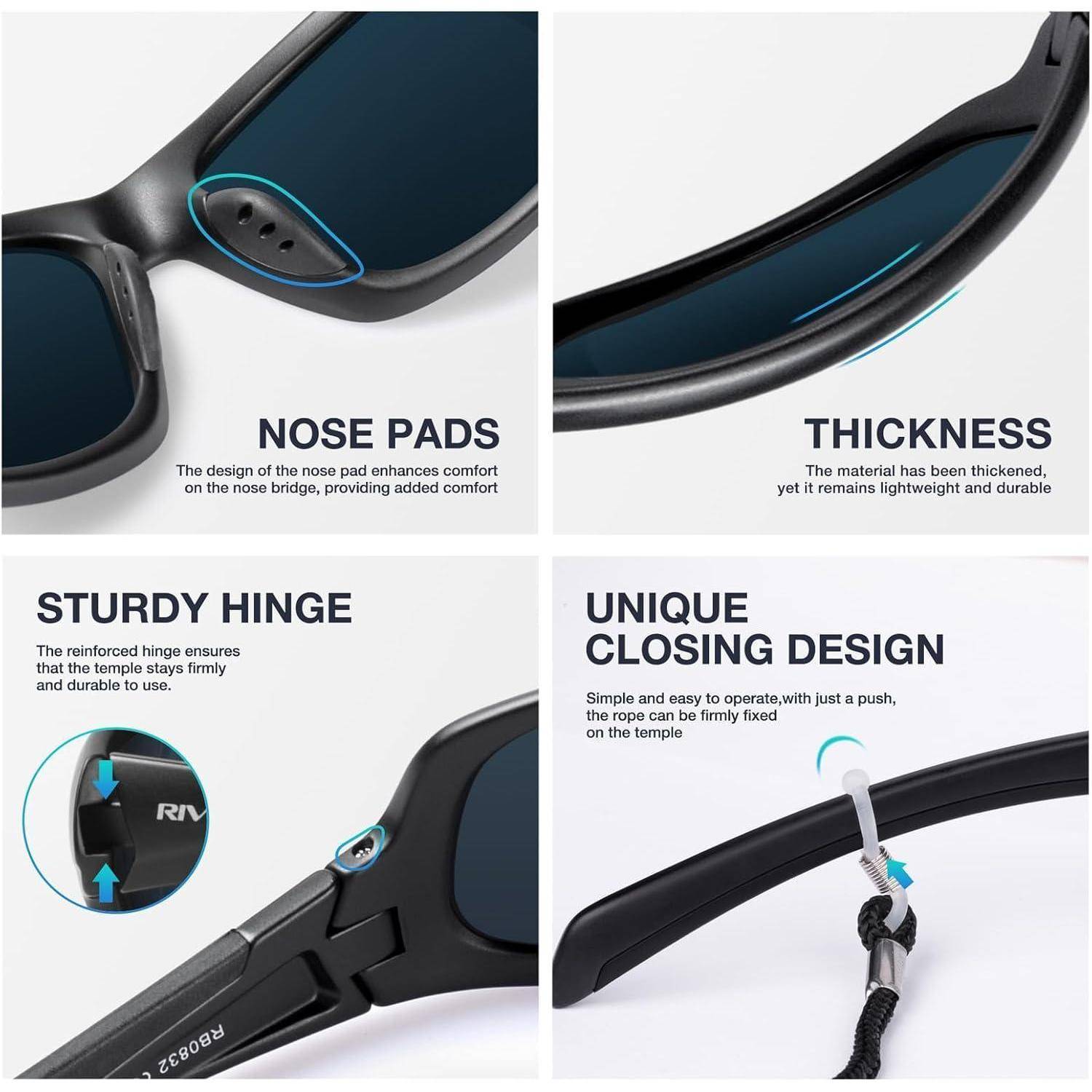 Vier-teiliges Produktbild schwarzer Sonnenbrille mit Hervorhebung der Nasenpads, dünnem leichtem Rahmen, robustem Scharnier und Einschieber-Design mit Schnuranbringung.