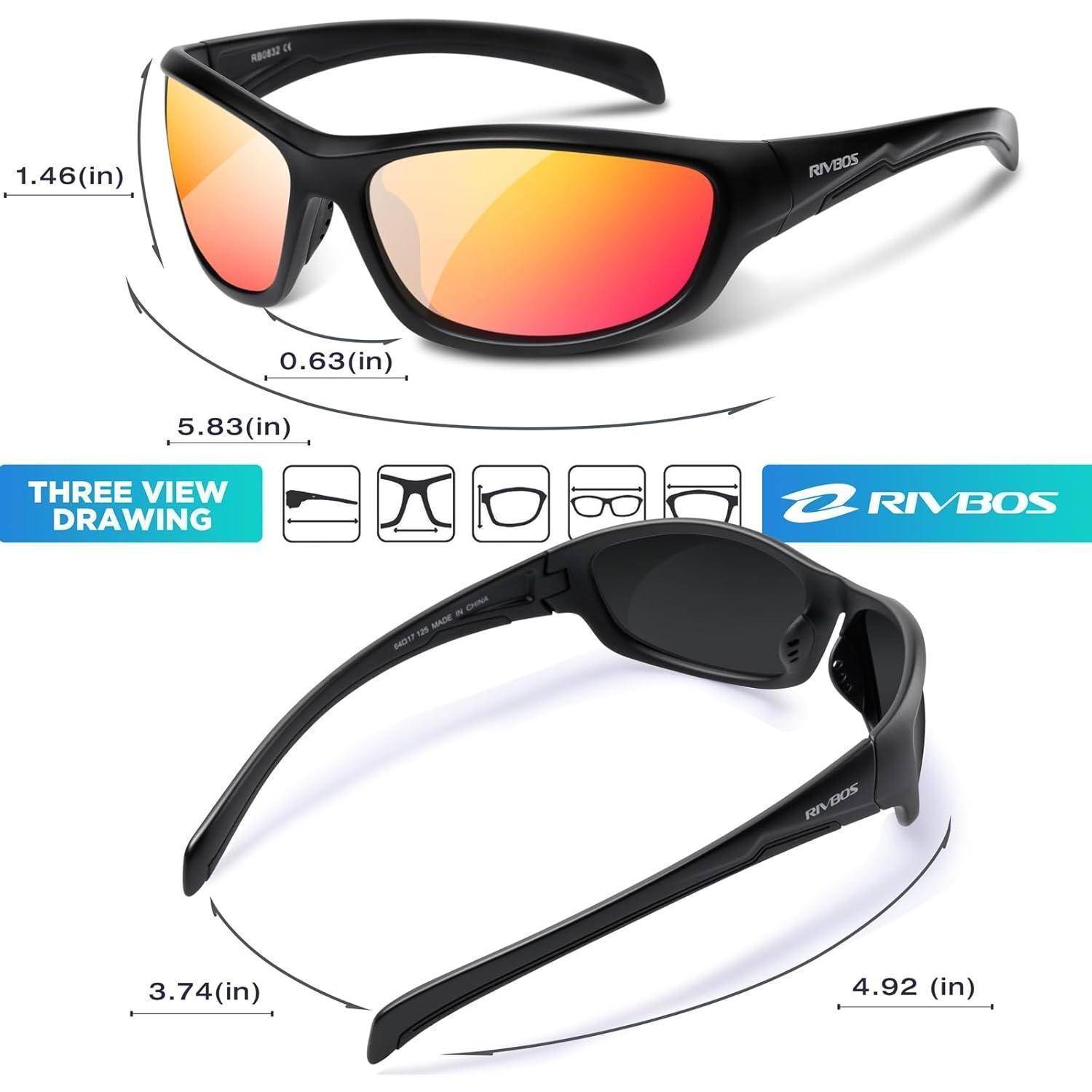 Schwarze Wickelsonnenbrille RVBOS in Vorder- und Seitenansicht dargestellt, mit beschrifteten Abmessungen von 5,83, 1,46, 0,63, 3,74 und 4,92 Zoll.