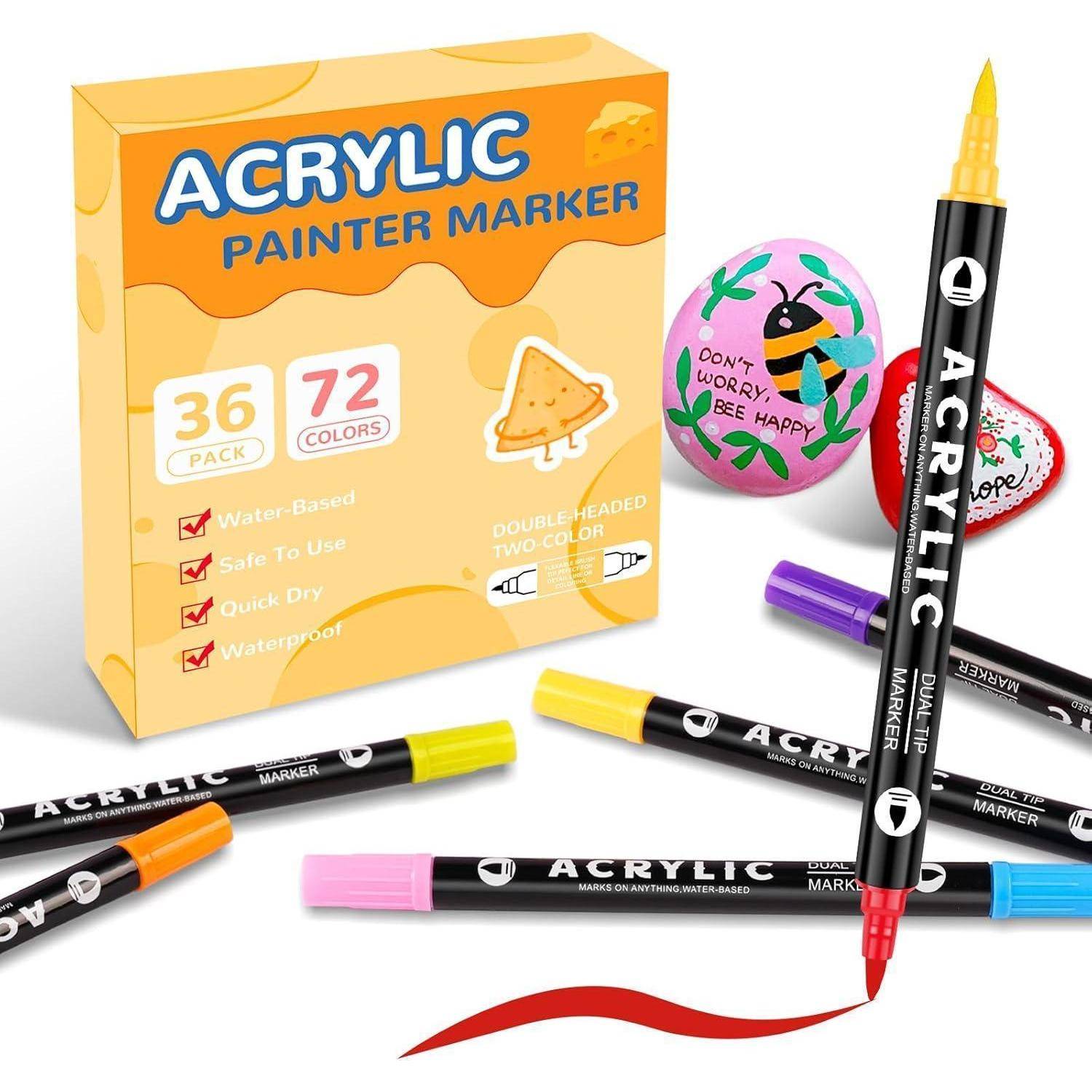 Acrylmarker-Set in Schachtel mit Bezeichnung 36er Pack, 72 Farben, wasserbasis, sicher in der Anwendung, schnelltrocknend, wasserfest, mit mehreren doppelseitigen Markern und bemalten Steinen.