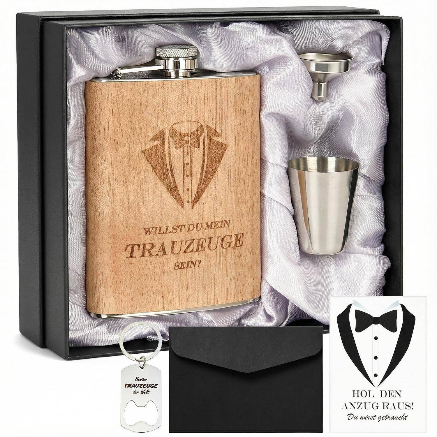 Geschenkset mit gravierter Flasche mit der Frage 