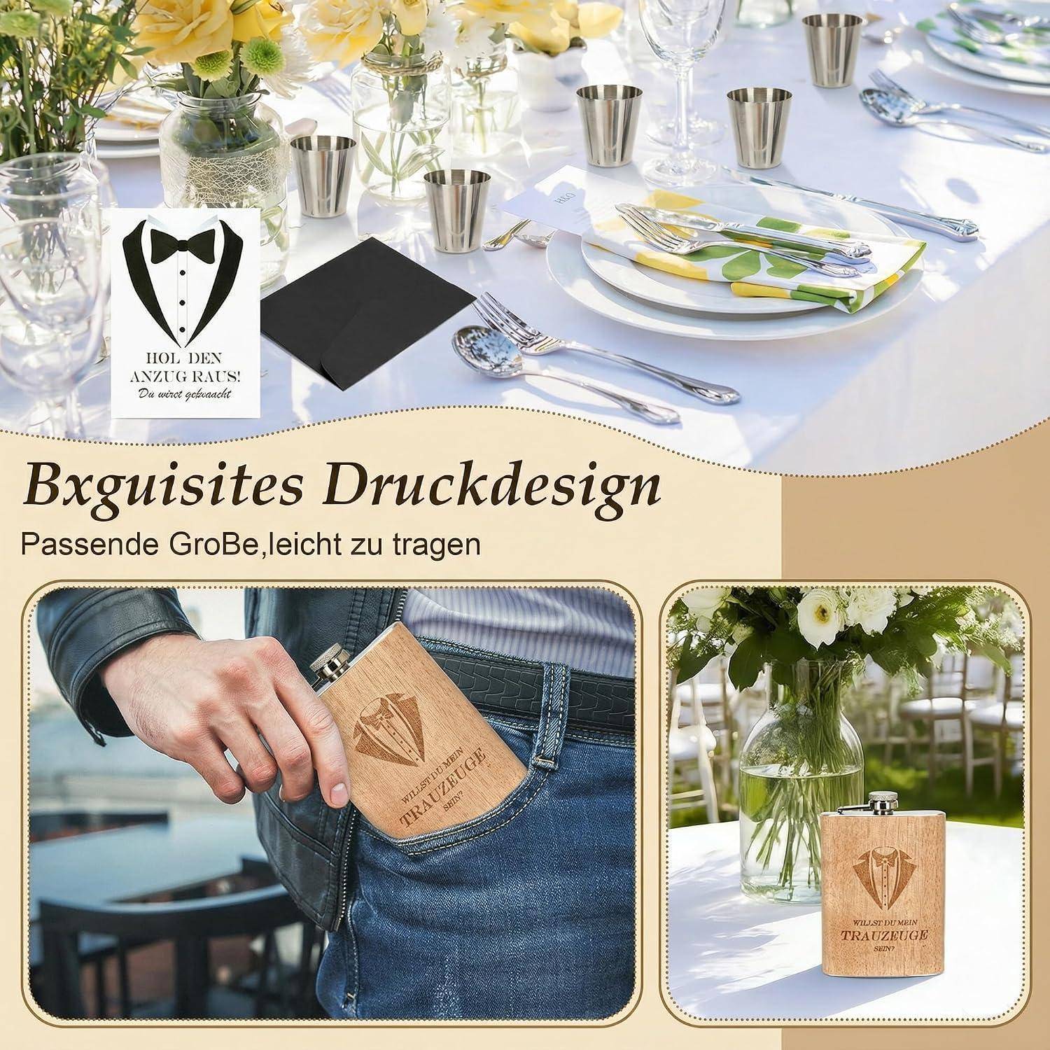 Werbegrafikfür eine kleine hölzerne Hüftflasche mit gedrucktem Logo, gezeigt in einer Hand und auf einem Tisch, mit Hervorhebung von „Bxquisites Druckdesign