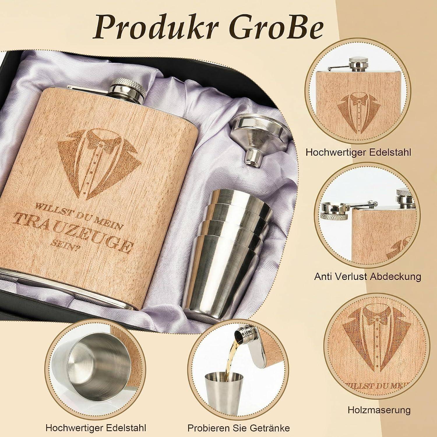 Geschenkset mit gravierter Holzflasche und Edelstahlbechern in einer Präsentationsbox, beschriftet mit 'Produkt Große' und 'Willst du mein Trauzeuge sein?' mit Funktionshinweisen in deutscher Sprache.