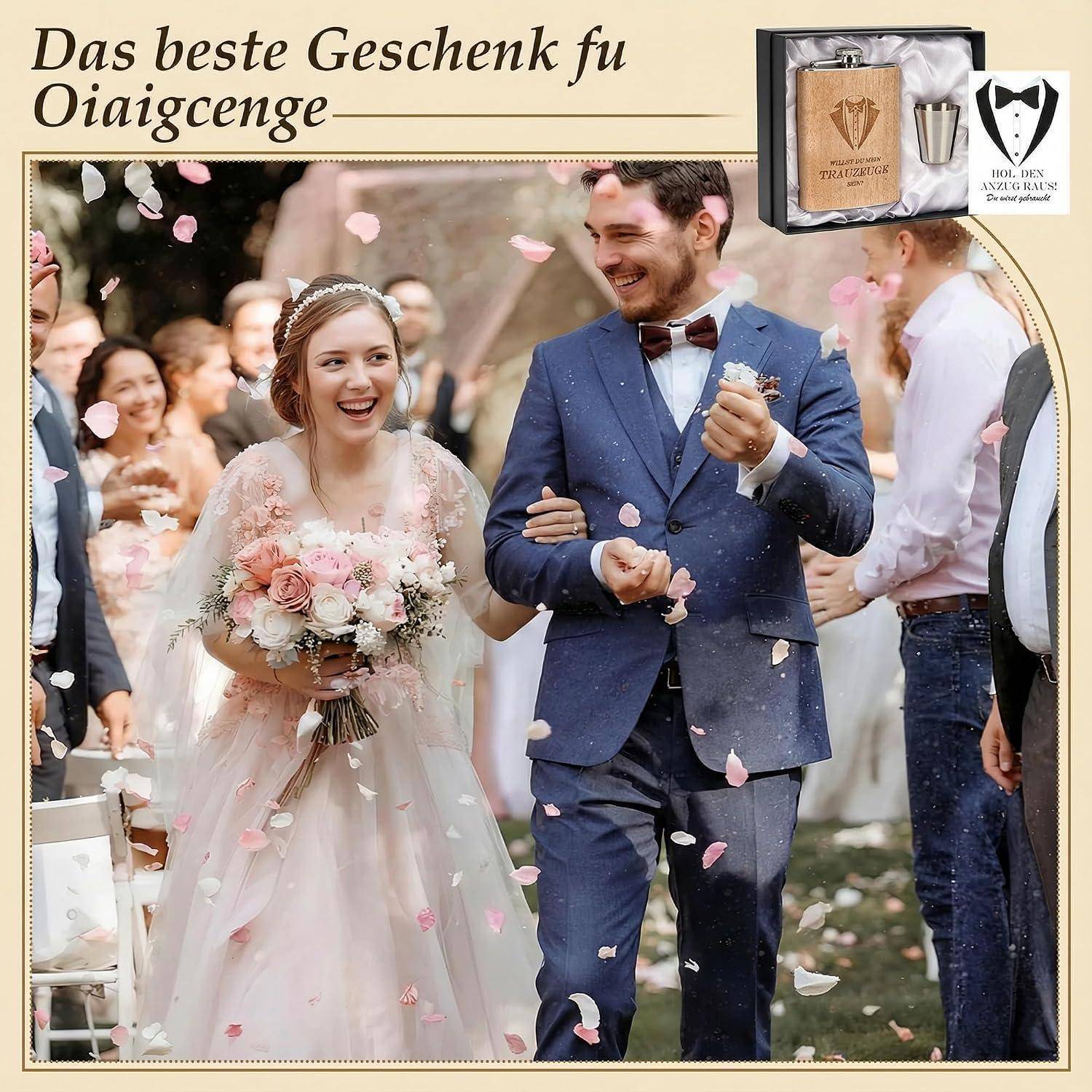 Flachmann Geschenkset 8oz mit Gravur – Edelstahl Flachmann, 4 Becher, Trichter & Geschenkbox für Trauzeuge, Trauzeugin, Hochzeitsgeschenk für Män