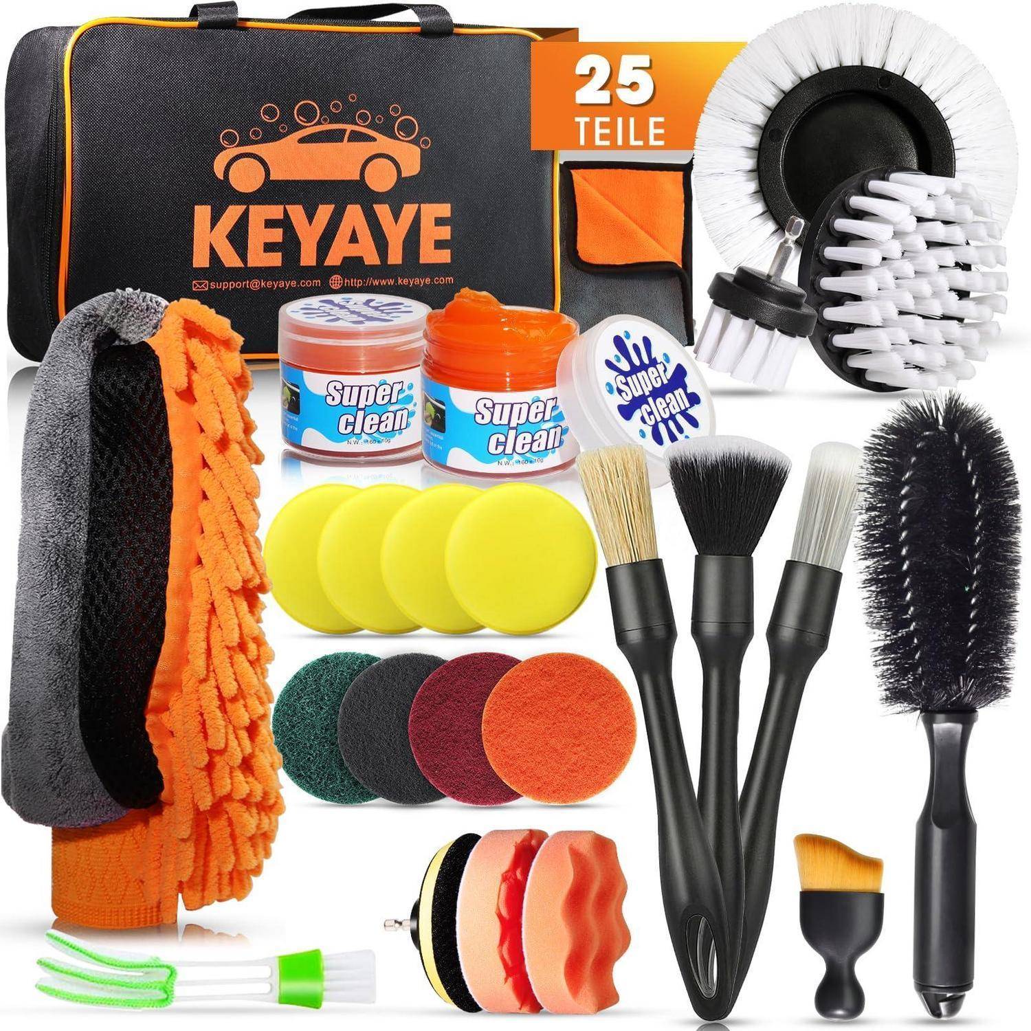 25-teiliges KEYAYE Autopolitur-Set mit Tragetasche, Reinigungsspray, Bürsten, Schwämmen, Waschhandschuh, Scheuerpads und Felgenbürste.