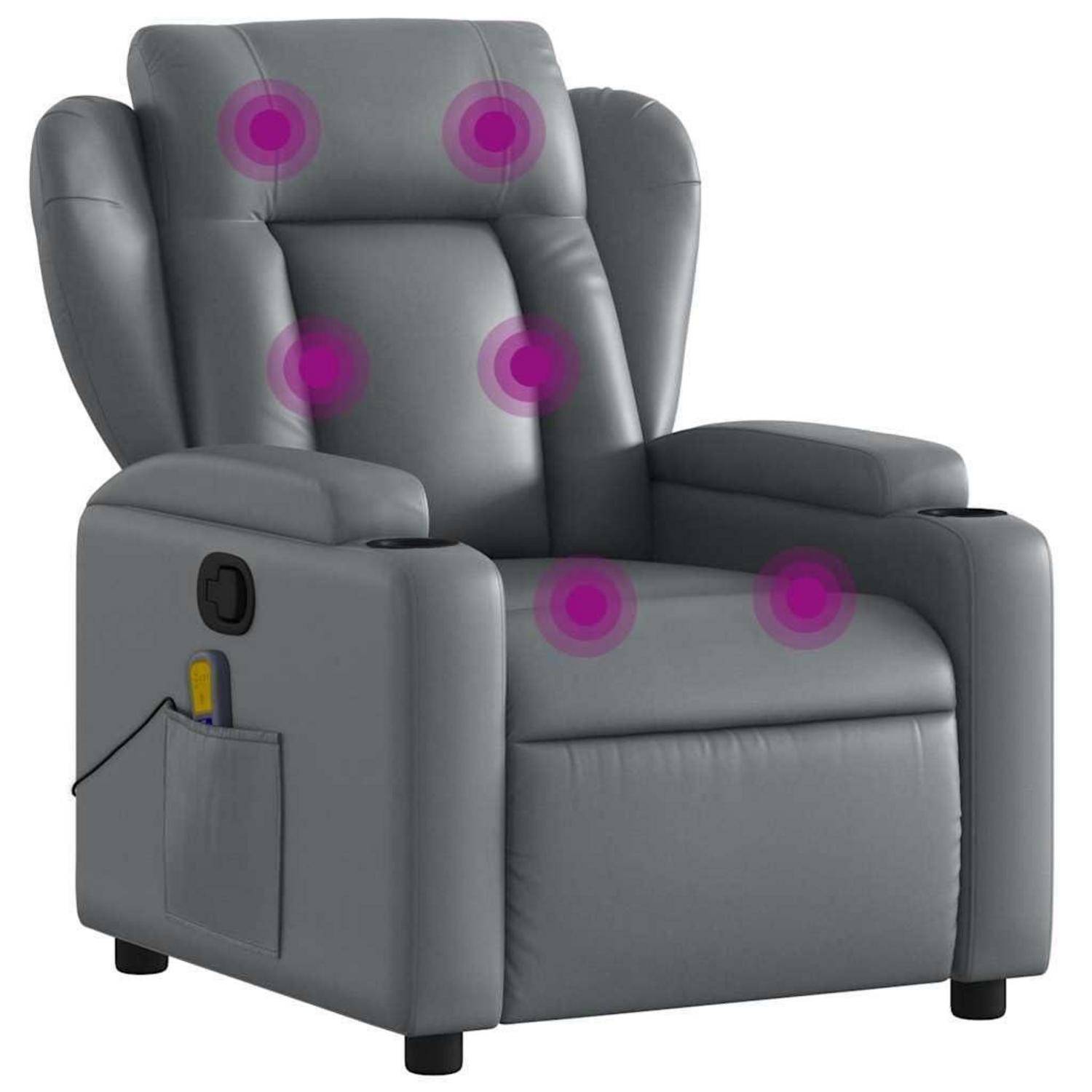 Grauer Relaxsessel mit markierten Massagepunkten auf Rückenlehne, Sitzfläche und Fußstütze, plus Seitentasche und Bedienfeld.