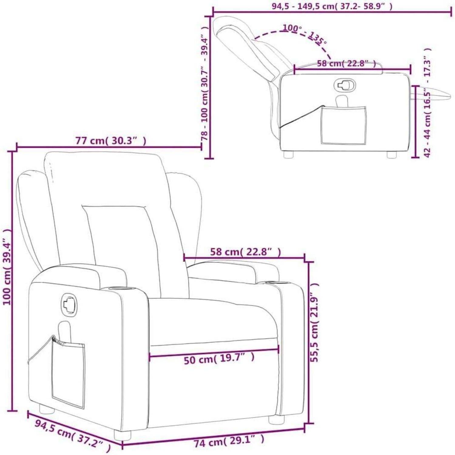 Diagramm eines verstellbaren Sessels mit gekennzeichneten Abmessungen in cm und Zoll, das Breite, Tiefe, Höhe, Armlehngröße und Neigungswinkel zeigt.