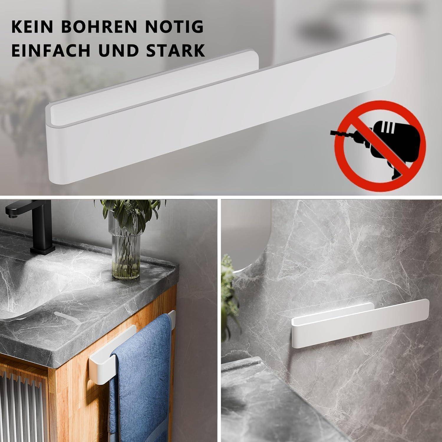 Aikzik Handtuchhalter ohne Bohren, Aluminium Vollmetall Handtuchstange zum Kleben für Bad & Küche, Weiß (Packung mit 2) Weiße (Packung mit 2)