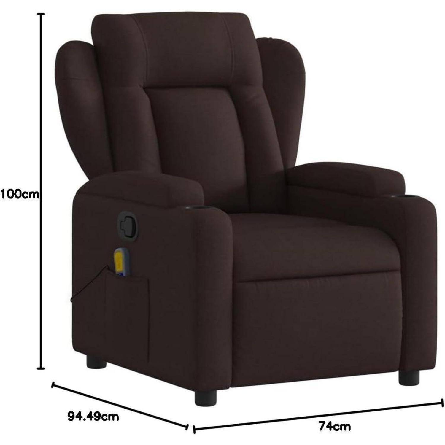 Dunkelbraun gepolsterter Relaxsessel mit Seitentasche und Verstellmechanismus, gezeigt mit den Abmessungen 100 cm hoch, 74 cm breit und 94,49 cm tief.