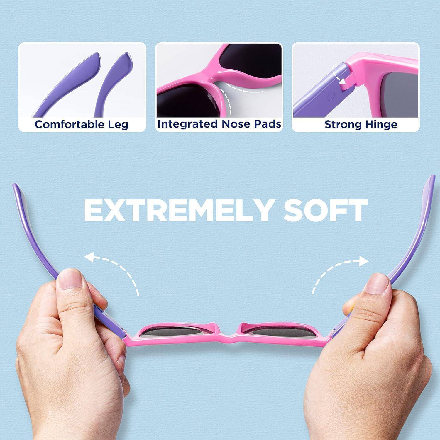 Anzeige für flexible rosa Sonnenbrillen mit drei Besonderheiten: „Bequeme Bügel", „Integrierte Nasenpads"" und „Robustes Scharnier"", mit Hervorhebung der „EXTREM WEICH"" biegbaren Gläser.