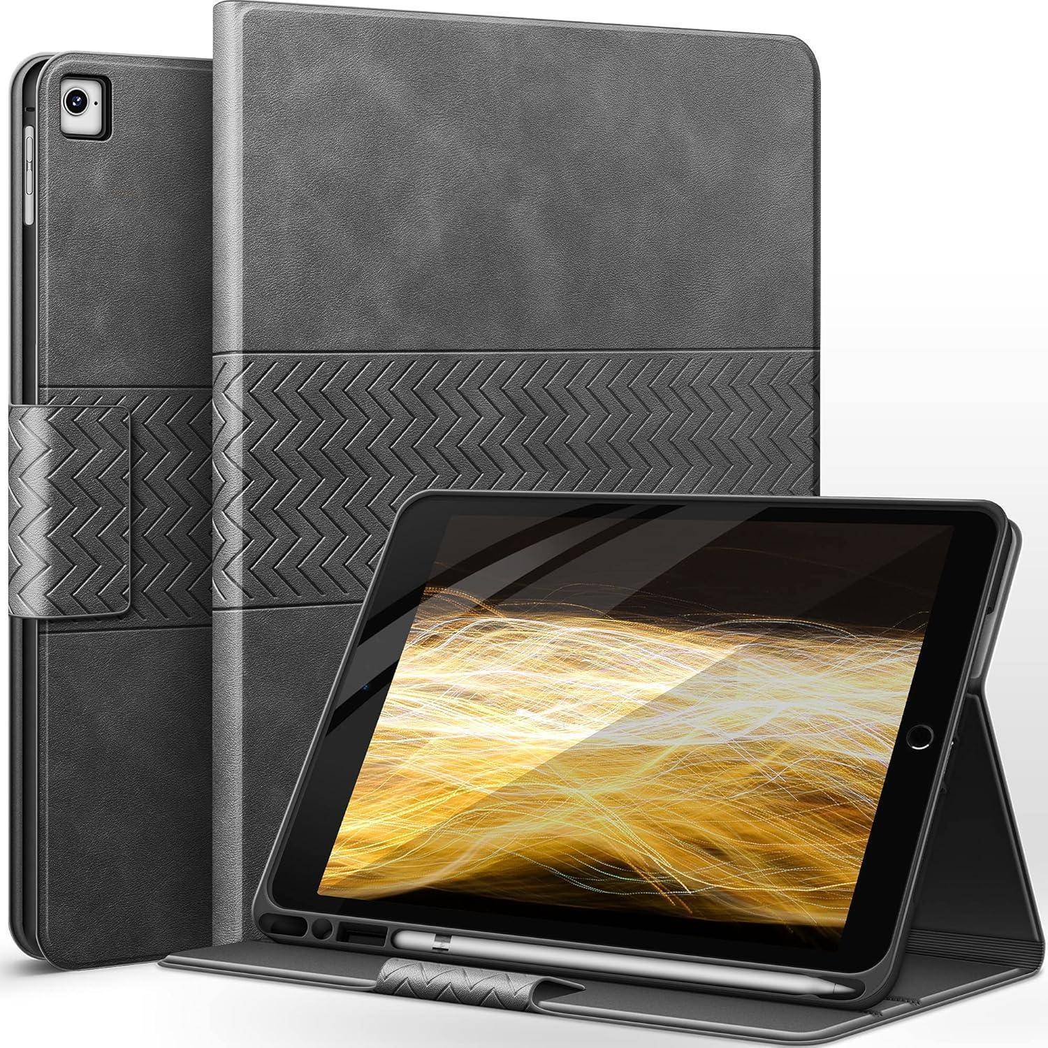 Schwarze strukturierte Tablet- und Handyhüllen mit Chevron-Band, zeigt ein Tablet in einem Ständer und ein Telefon in einer passenden Hülle.