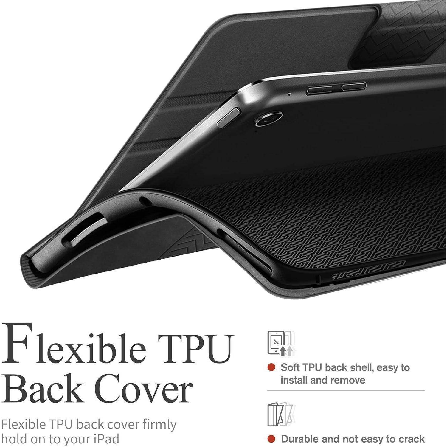 Schwarze flexible TPU-Rückseite gezeigt aufgeklappt, mit Text, der einfache Installation/Entfernung und langlebiges, bruchsicheres Material hervorhebt.