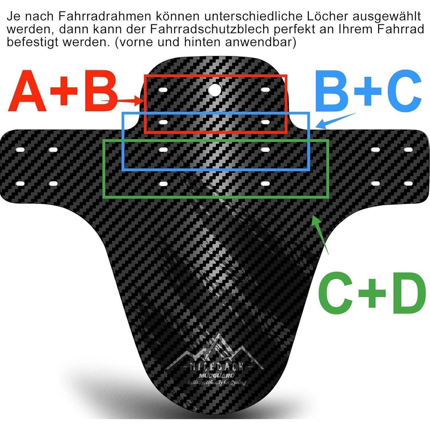 Kohlefaser-Schutzblech für Fahrräder mit markierten Lochmuster A+B, B+C und C+D, die verschiedene Montagemöglichkeiten für unterschiedliche Rahmengrößen zeigen.