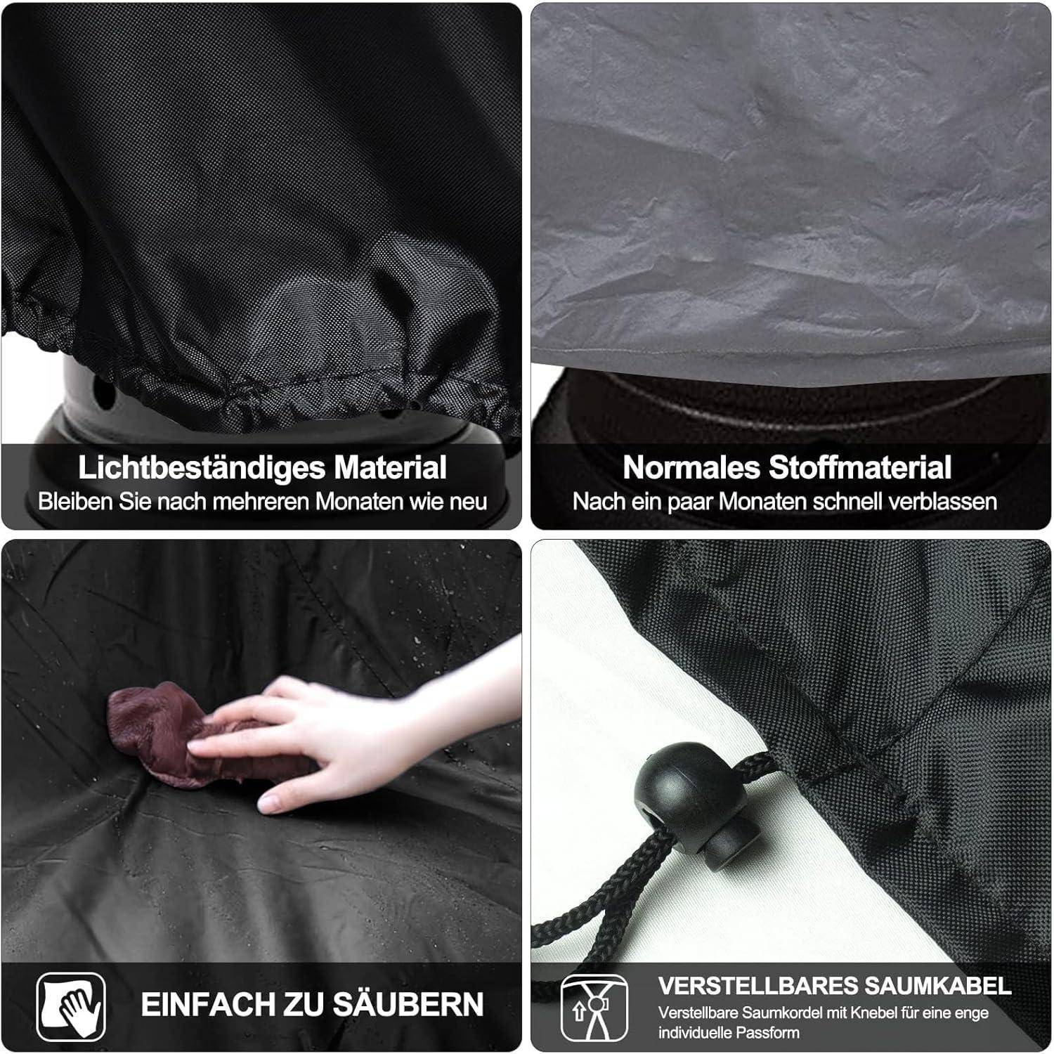 Vierfeld-Vergleich eines schwarzen Stoffes: Lichtechtheit erhält das Material wie neu, normaler Stoff verblasst, leicht zu reinigen und verstellbarer Kordelzug-Saum.