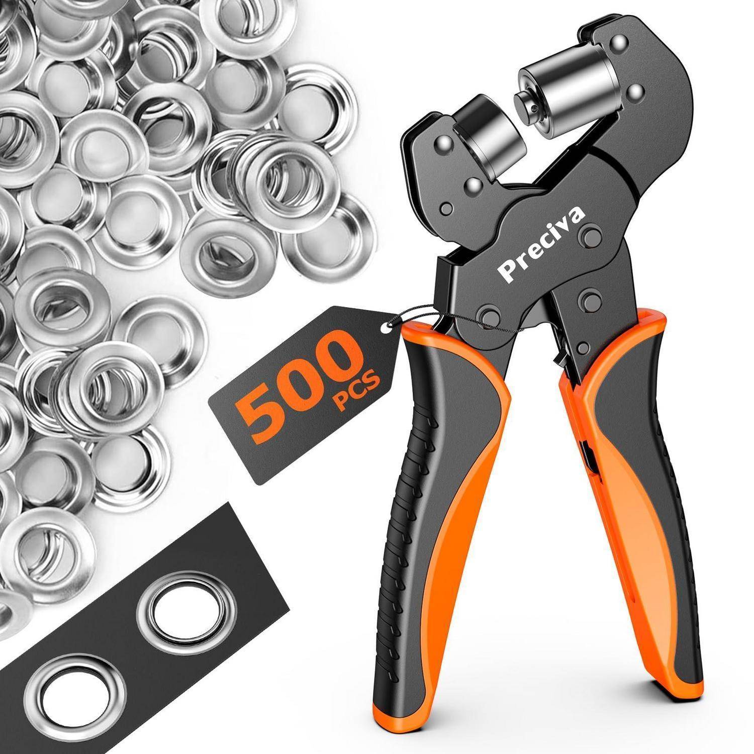 Schwarz-oranges Preciva Handwerkzeug zum Installieren von Metall-Ösen/Nieten, gezeigt mit einem 500er-Etikett und verstreuten silbernen Ösen auf weißem Hintergrund.