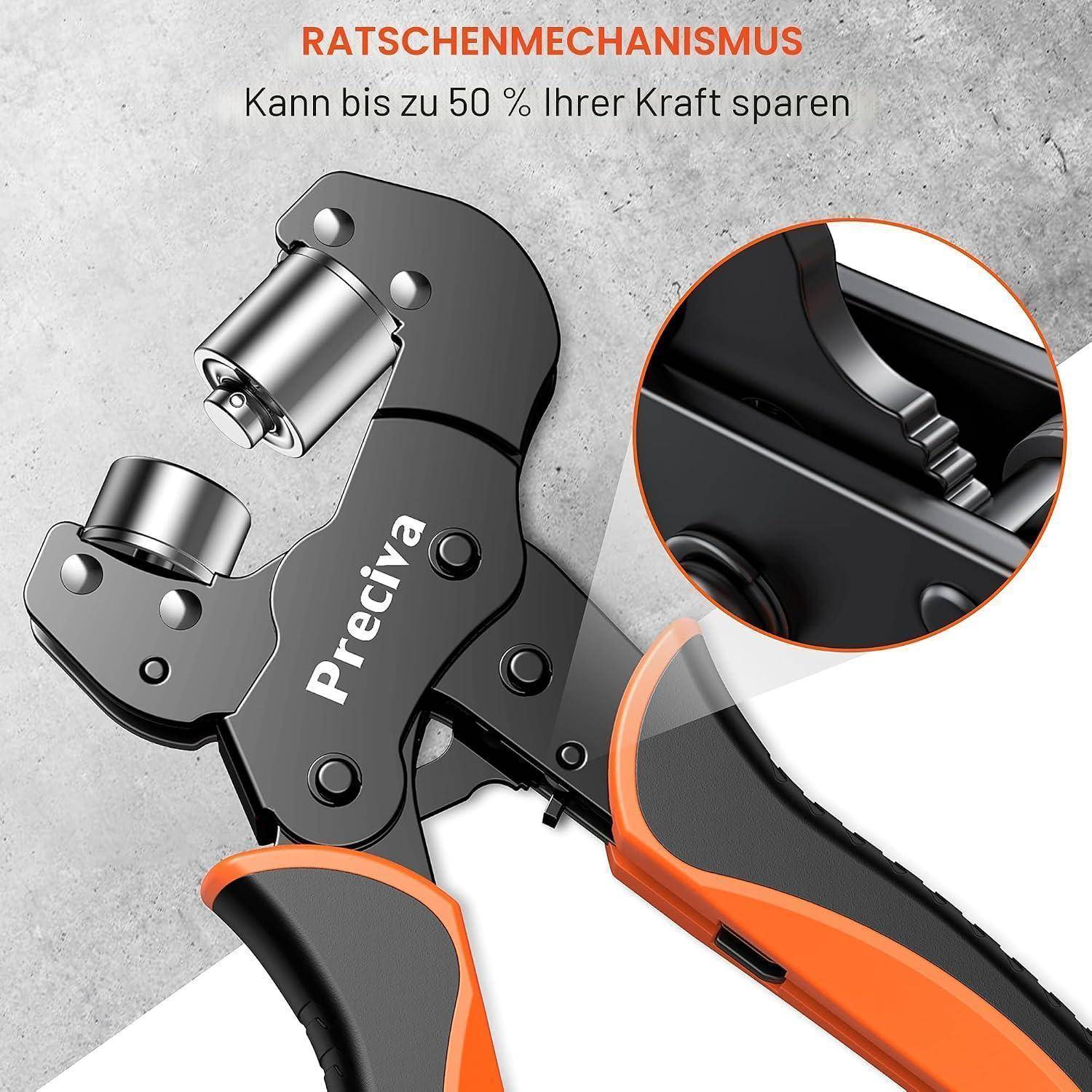 Produktbild eines schwarz-orangefarbenen Präzisions-Ratschenwerkzeugs mit der Bezeichnung "Preciya"", mit deutschem Text ""RATSCHENMECHANISMUS"" und ""Kann bis zu 50 % Ihrer Kraft sparen"" sowie eine Nahaufnahme des Ratschengetriebes.