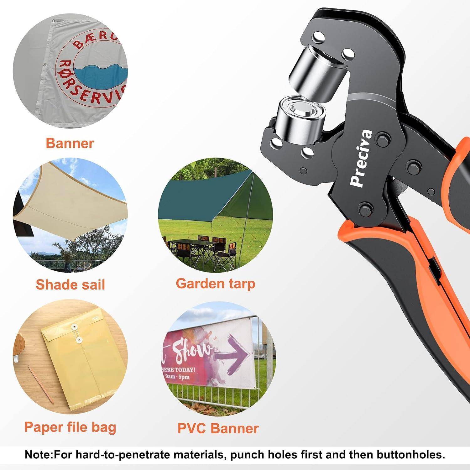 Illustration eines Preciva-Lochers und Ösenwerk zeugs mit Beispielen von Materialien, die damit gestanzt werden können: Banner, Sonnensegel, Gartenplane, Papierdateibeute l und PVC-Banner.