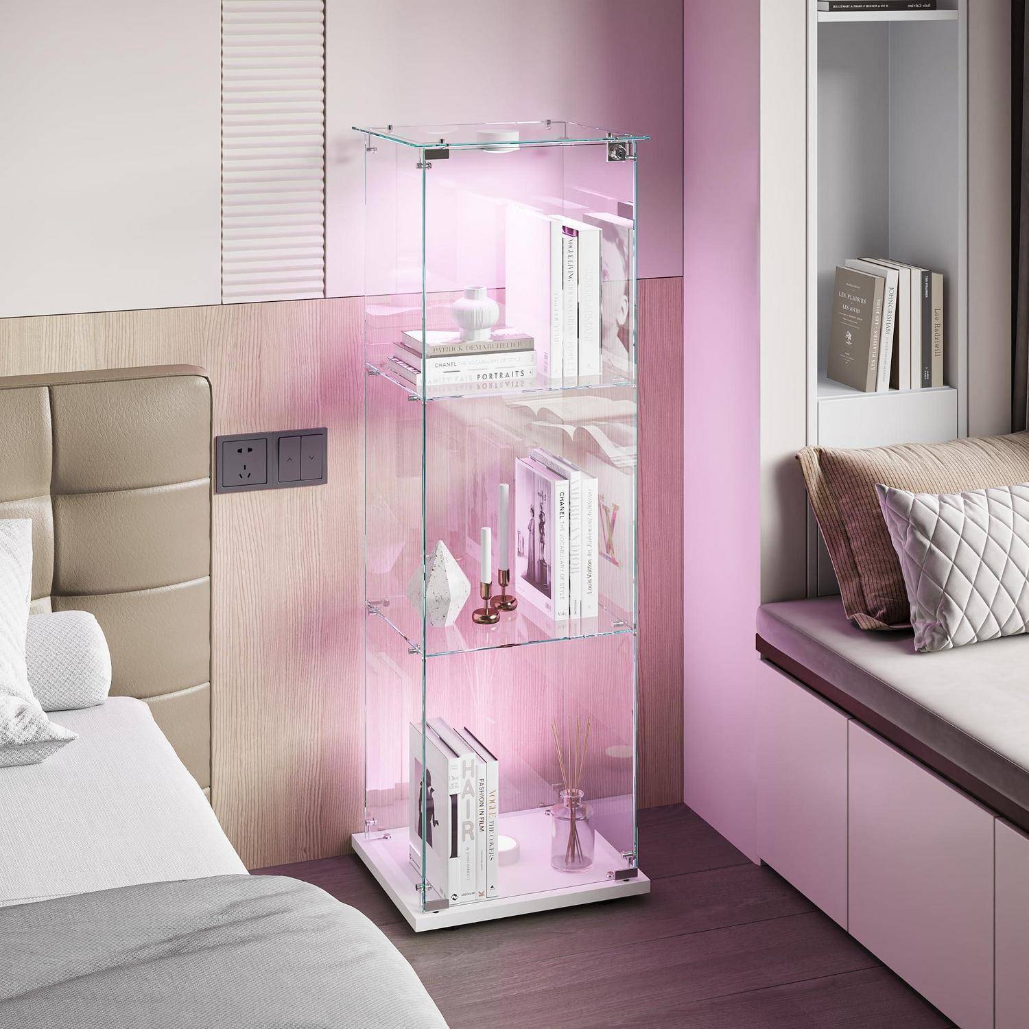 Glasvitrine Standvitrine,Glasvitrine Stehend mit Led,3 Lagen Glas Holz Glas Vitrine Vitrinenschrank 1 TüR und Schloss Vitrine Glasschrank Display