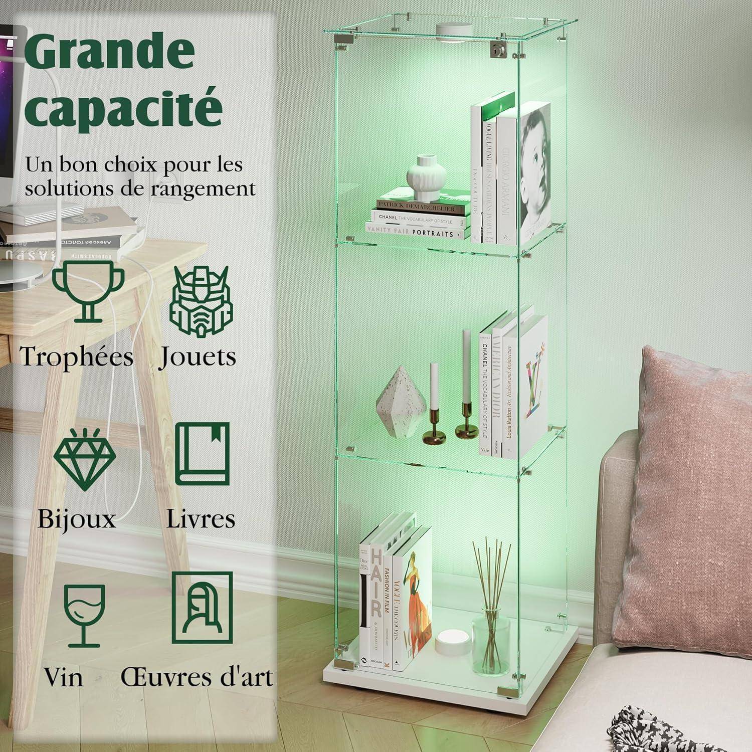 Glasvitrine Standvitrine,Glasvitrine Stehend mit Led,3 Lagen Glas Holz Glas Vitrine Vitrinenschrank 1 TüR und Schloss Vitrine Glasschrank Display