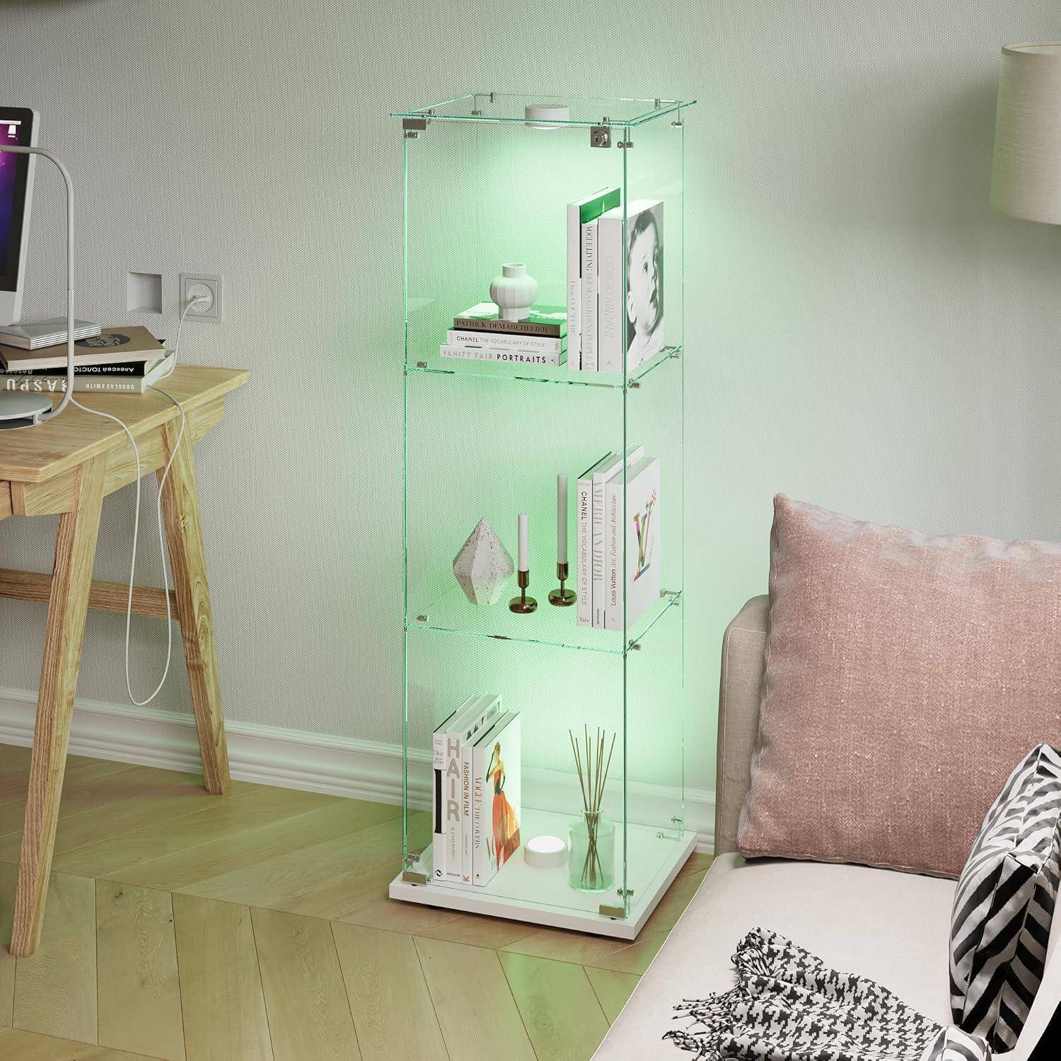 Glasvitrine Standvitrine,Glasvitrine Stehend mit Led,3 Lagen Glas Holz Glas Vitrine Vitrinenschrank 1 TüR und Schloss Vitrine Glasschrank Display