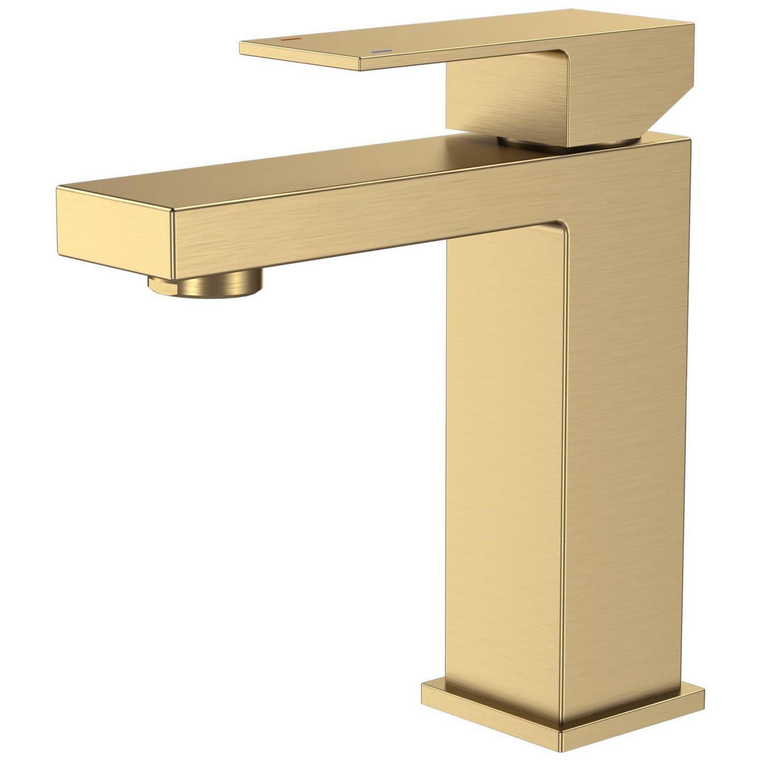 Goldener Einhebelarmatur für das Badezimmer, gezeigt vor weißem Hintergrund, mit modernem quadratischem Auslauf und Hebelgriff.