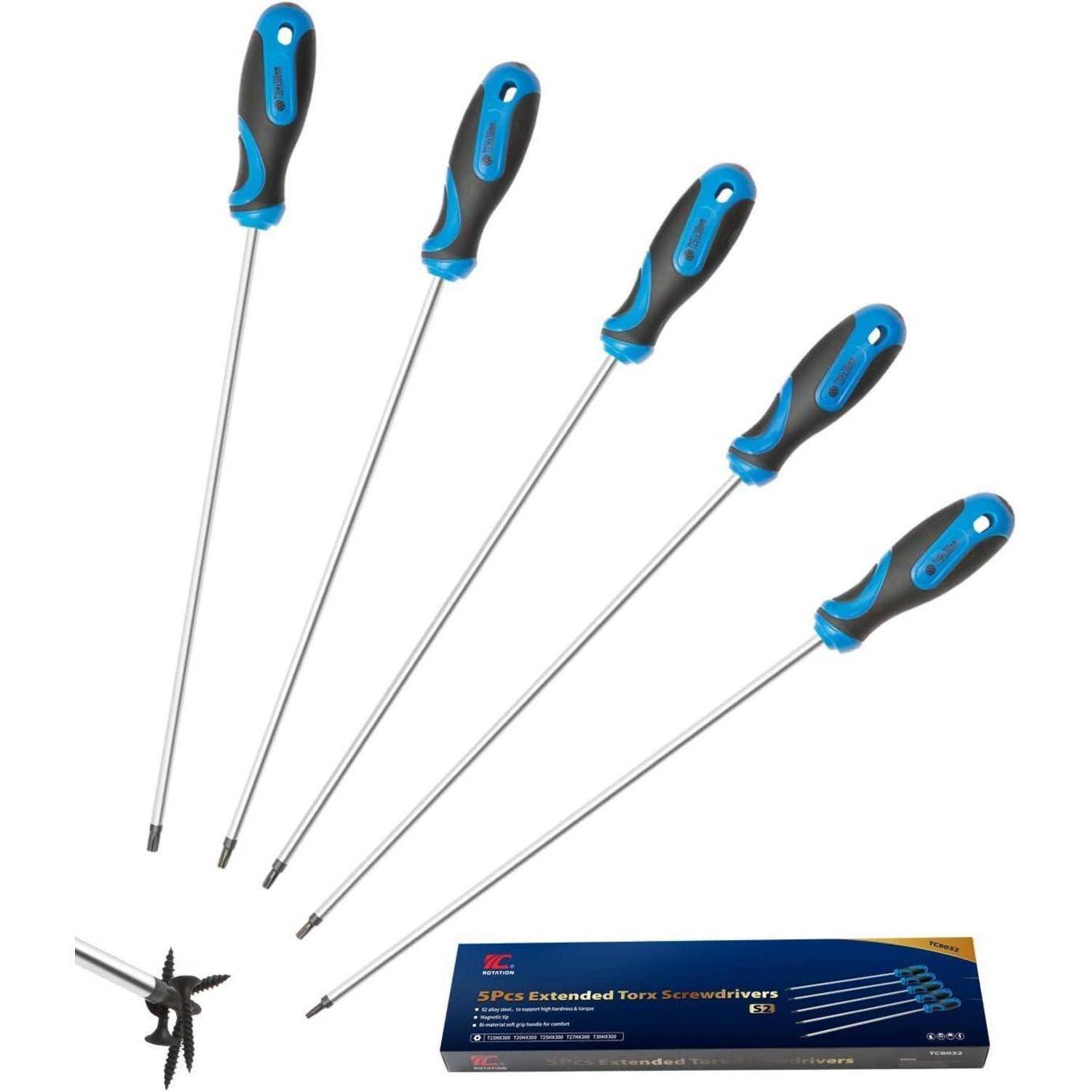 5-teiliges extra langes Torx-Schraubendreher-Set, S2-Stahl, Klingenlänge 300mm, T15–T30, plus lange Sternschraubendreher