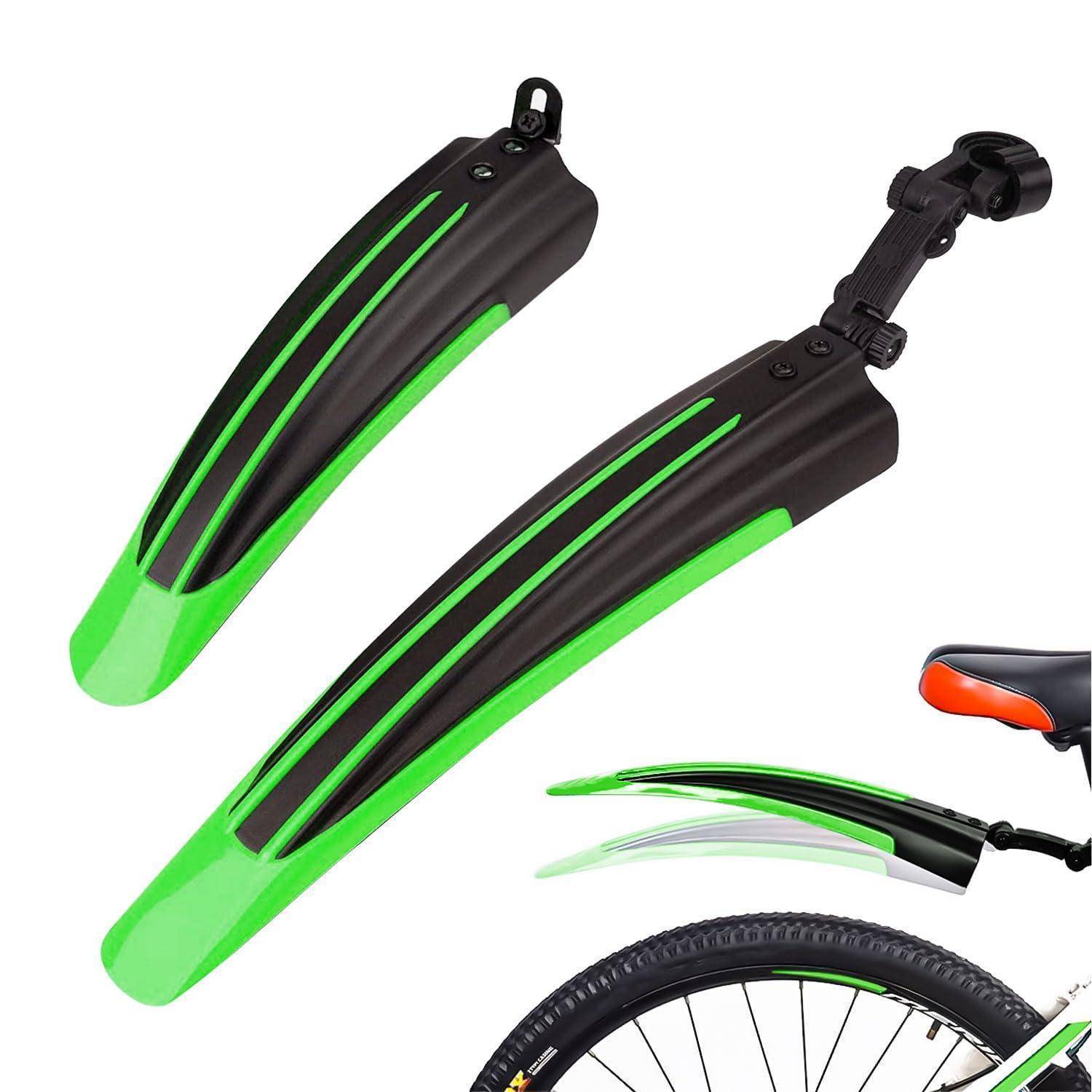 Grüne und schwarze Fahrradschutzbleche in verschiedenen Größen dargestellt, mit Befestigungsklammen, plus eine kleine Seitenansicht über einem Fahrradrad