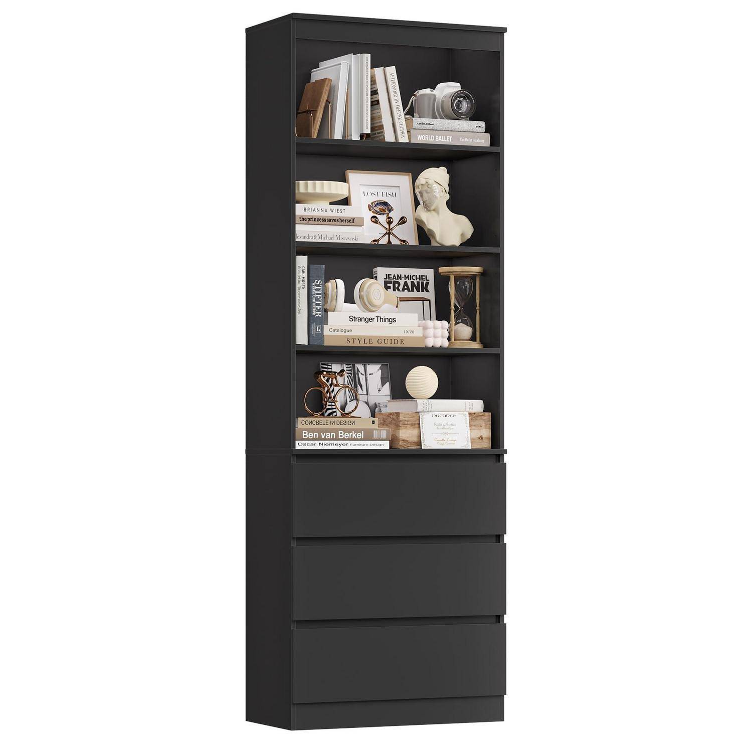 FirFurd 202 cm Bücherregal Bücherschrank mit 3 Schubladen 4 Fächern Hochschrank Wohnzimmerschrank mit verstellbaren Ablagen Vitrinenschrank für Wo